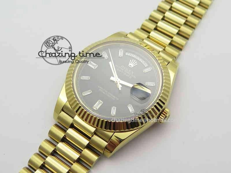 Day Date 40mm YG BP Maker Best Edition Black Dial Diamond Markers On YG Bracelet A2836