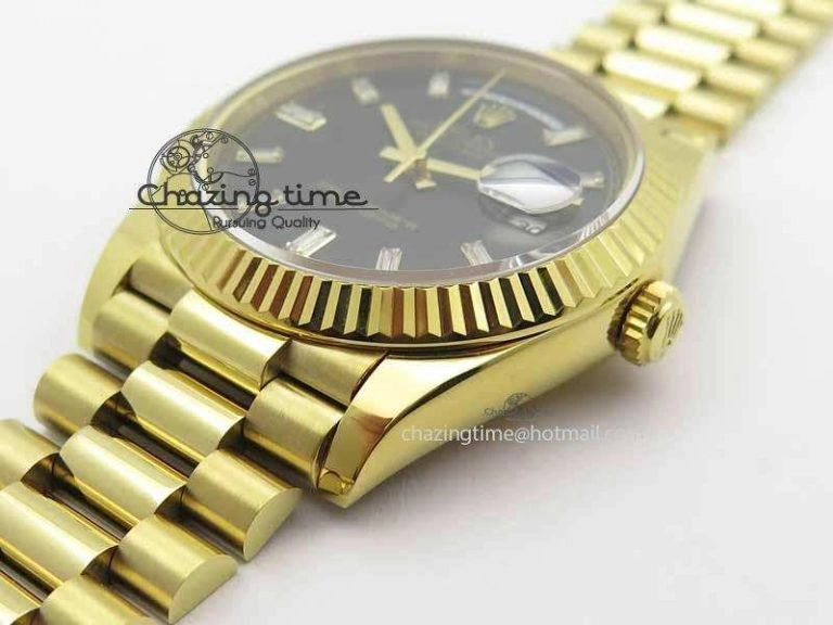 Day Date 40mm YG BP Maker Best Edition Black Dial Diamond Markers On YG Bracelet A2836