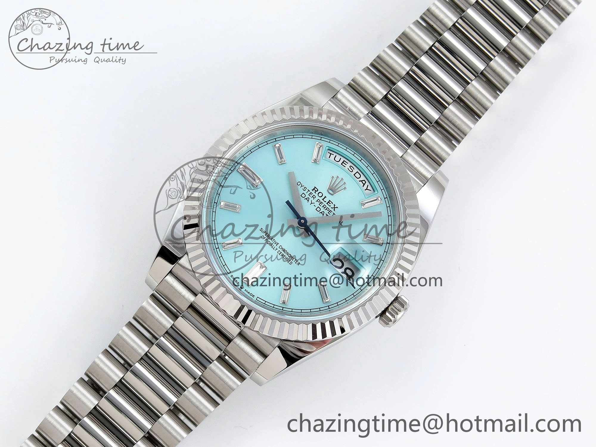 DayDate 40 228236 ARF 904L Steel Tiffany Blue Crystal Diamonds Bezel on President Bracelet VR3255