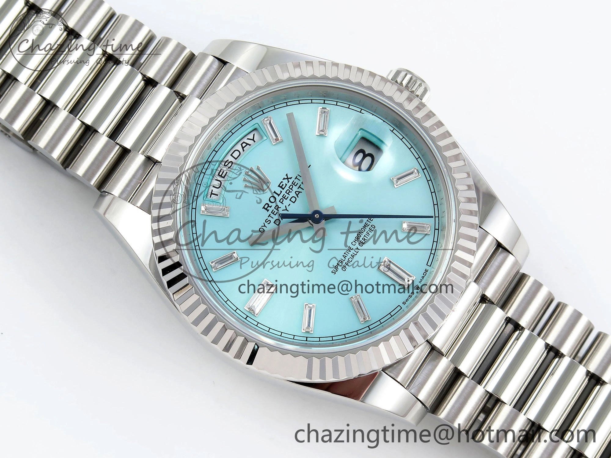 DayDate 40 228236 ARF 904L Steel Tiffany Blue Crystal Diamonds Bezel on President Bracelet VR3255