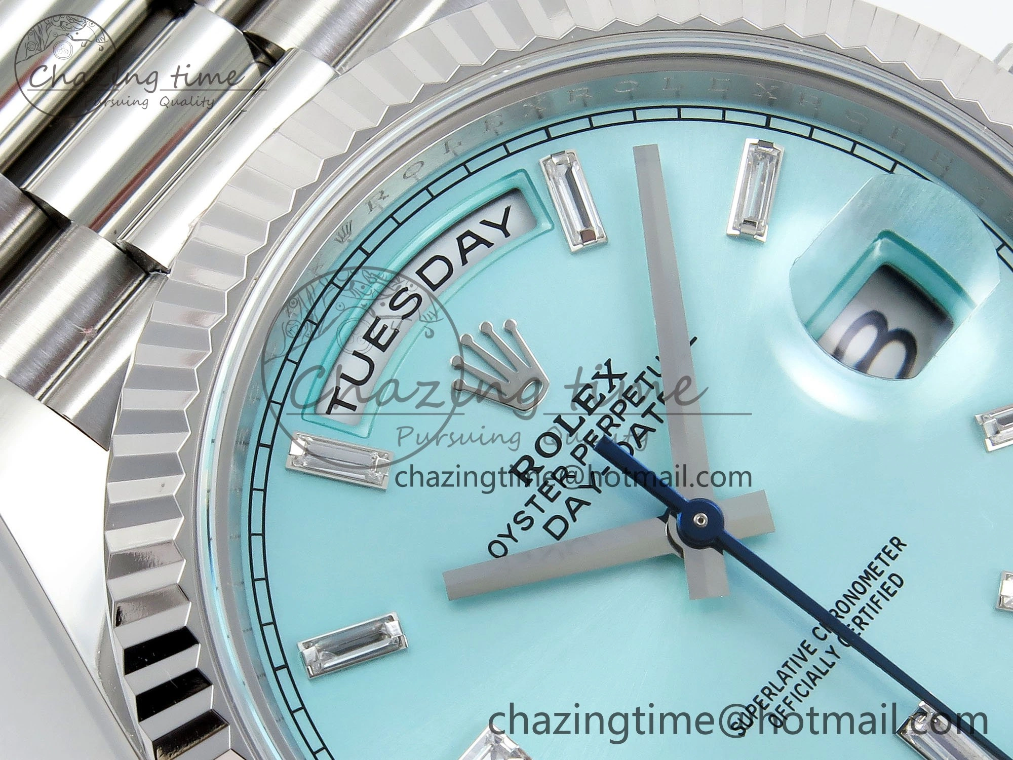 DayDate 40 228236 ARF 904L Steel Tiffany Blue Crystal Diamonds Bezel on President Bracelet VR3255