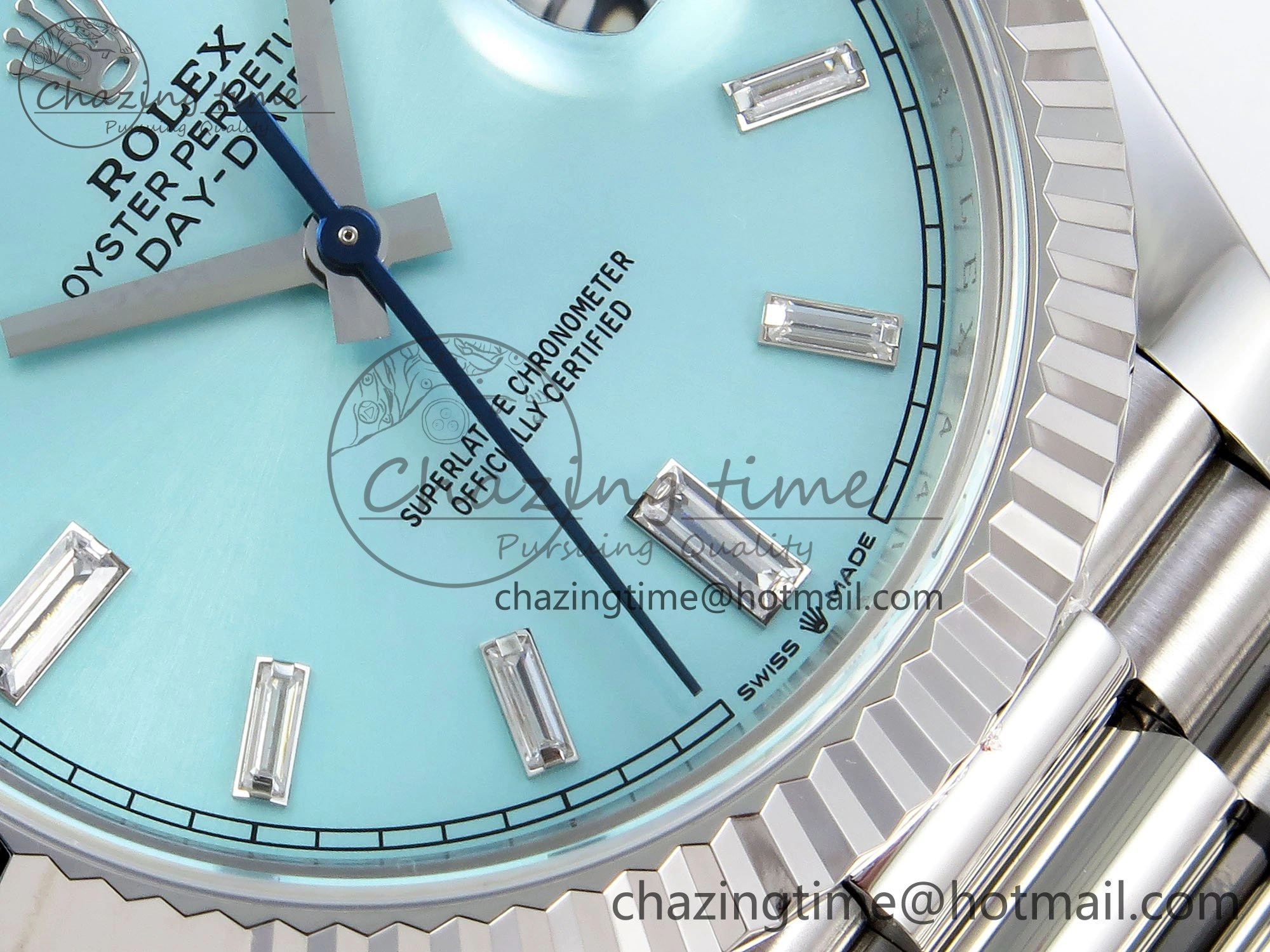 DayDate 40 228236 ARF 904L Steel Tiffany Blue Crystal Diamonds Bezel on President Bracelet VR3255