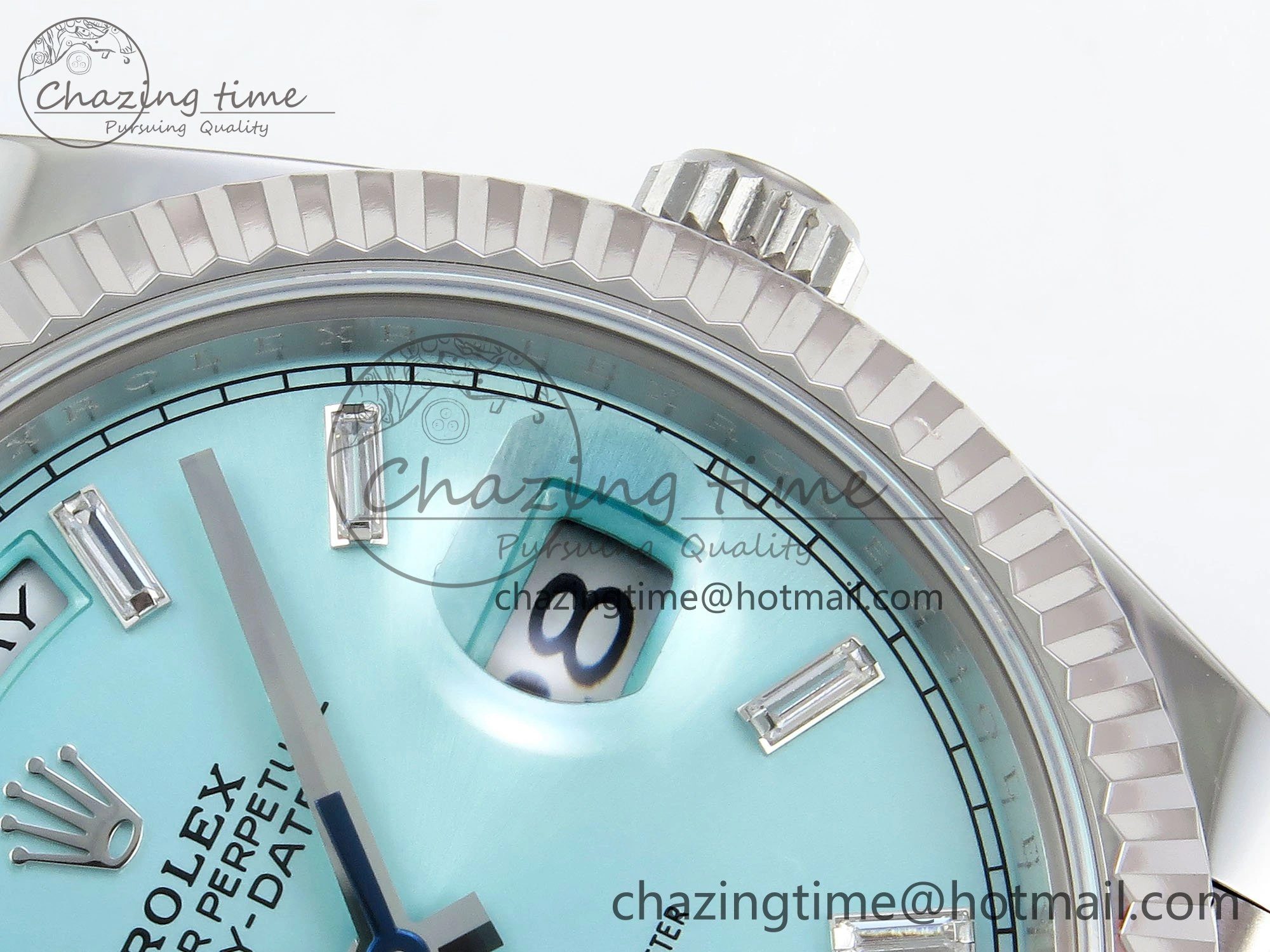 DayDate 40 228236 ARF 904L Steel Tiffany Blue Crystal Diamonds Bezel on President Bracelet VR3255