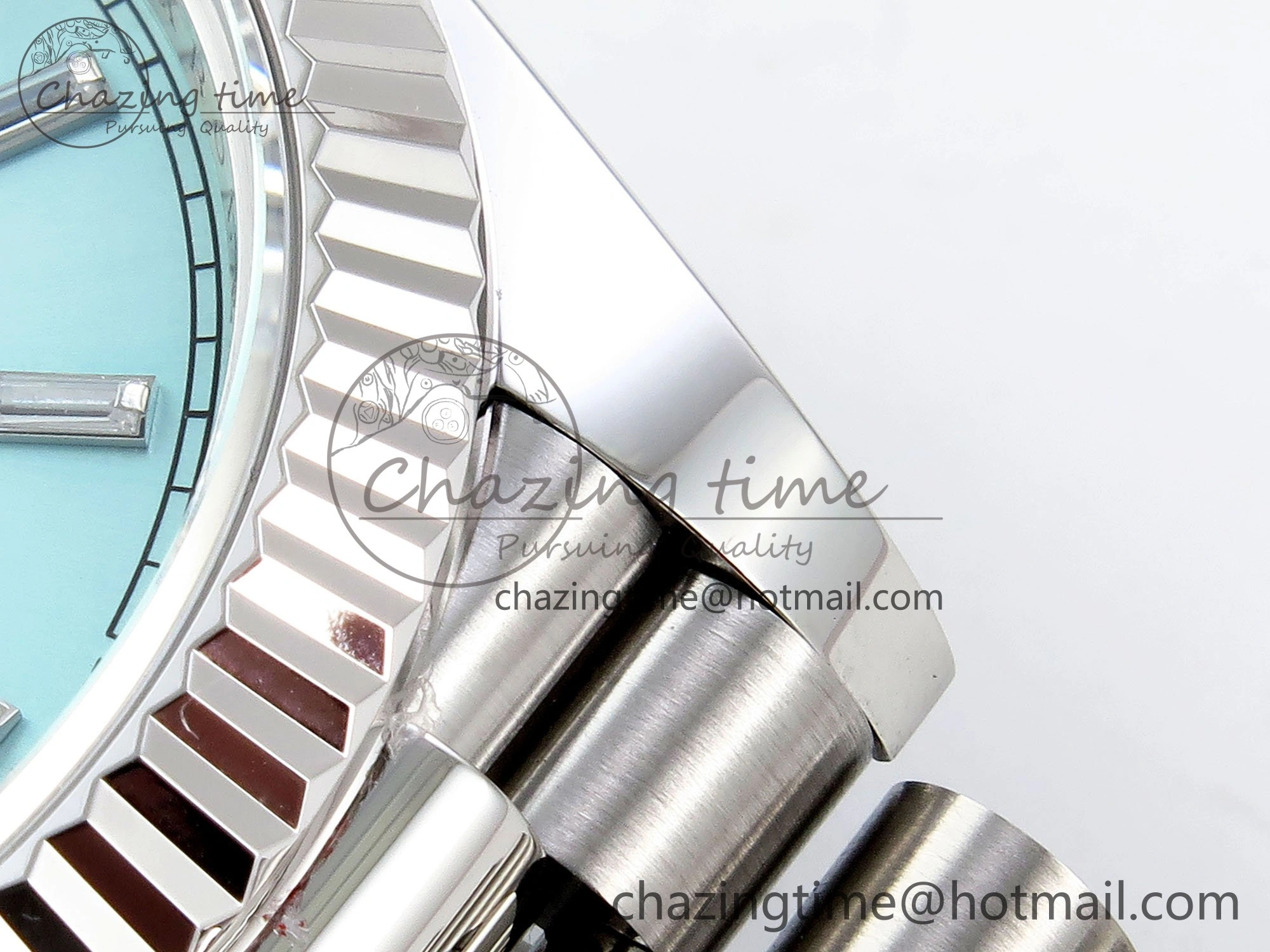DayDate 40 228236 ARF 904L Steel Tiffany Blue Crystal Diamonds Bezel on President Bracelet VR3255