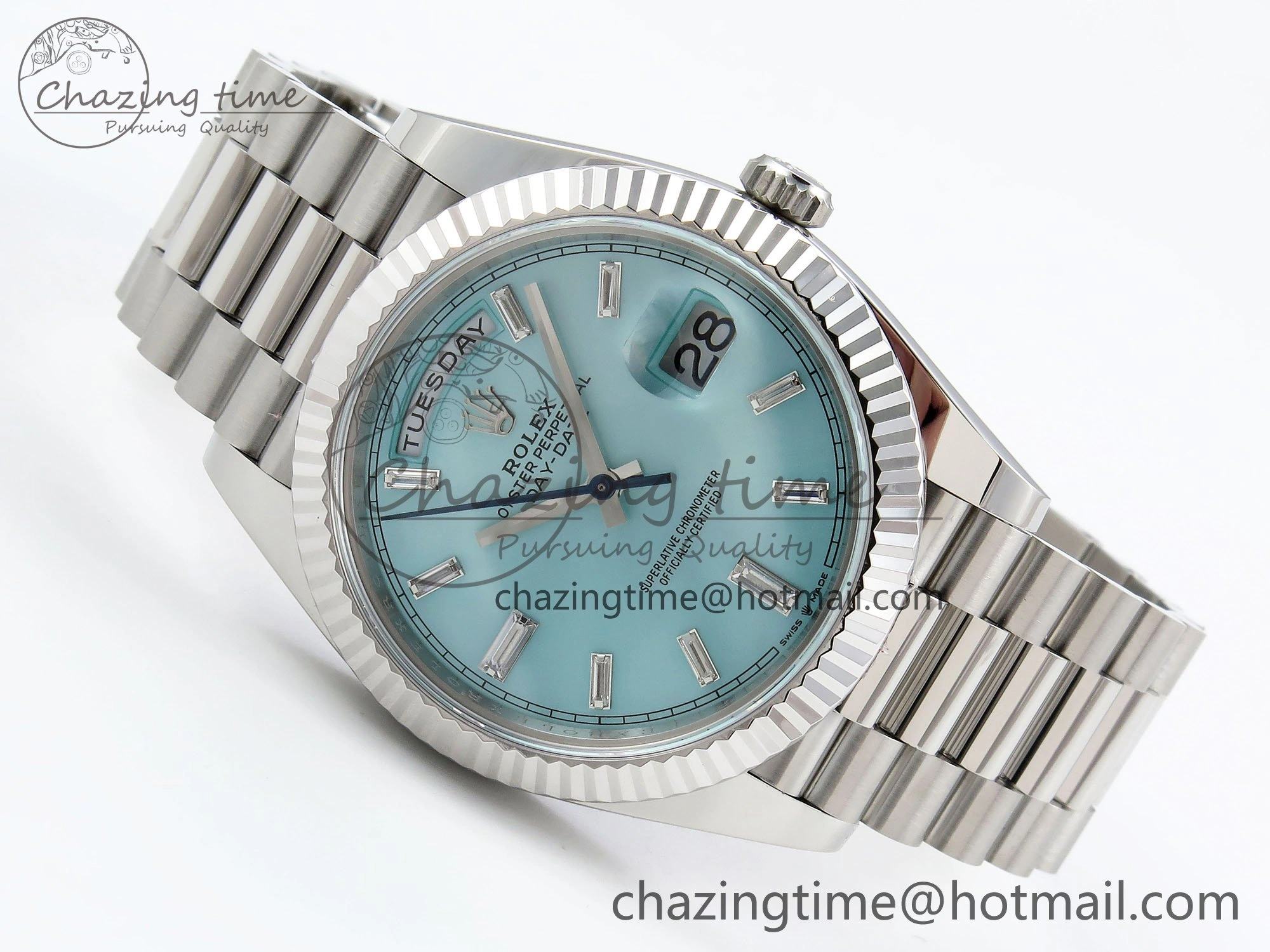 DayDate 40 228236 ARF 904L Steel Tiffany Blue Crystal Diamonds Bezel on President Bracelet VR3255