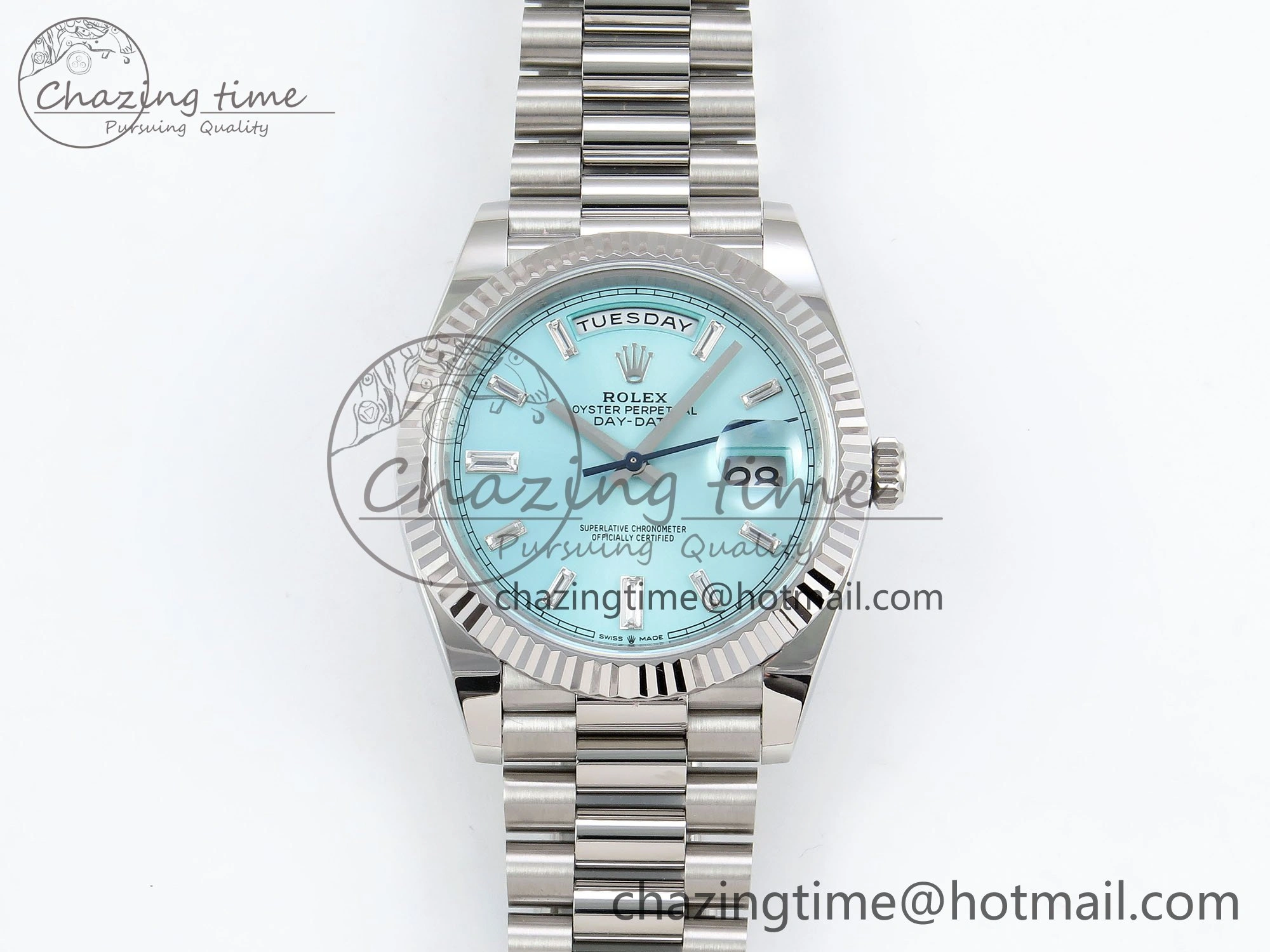 DayDate 40 228236 ARF 904L Steel Tiffany Blue Crystal Diamonds Bezel on President Bracelet VR3255