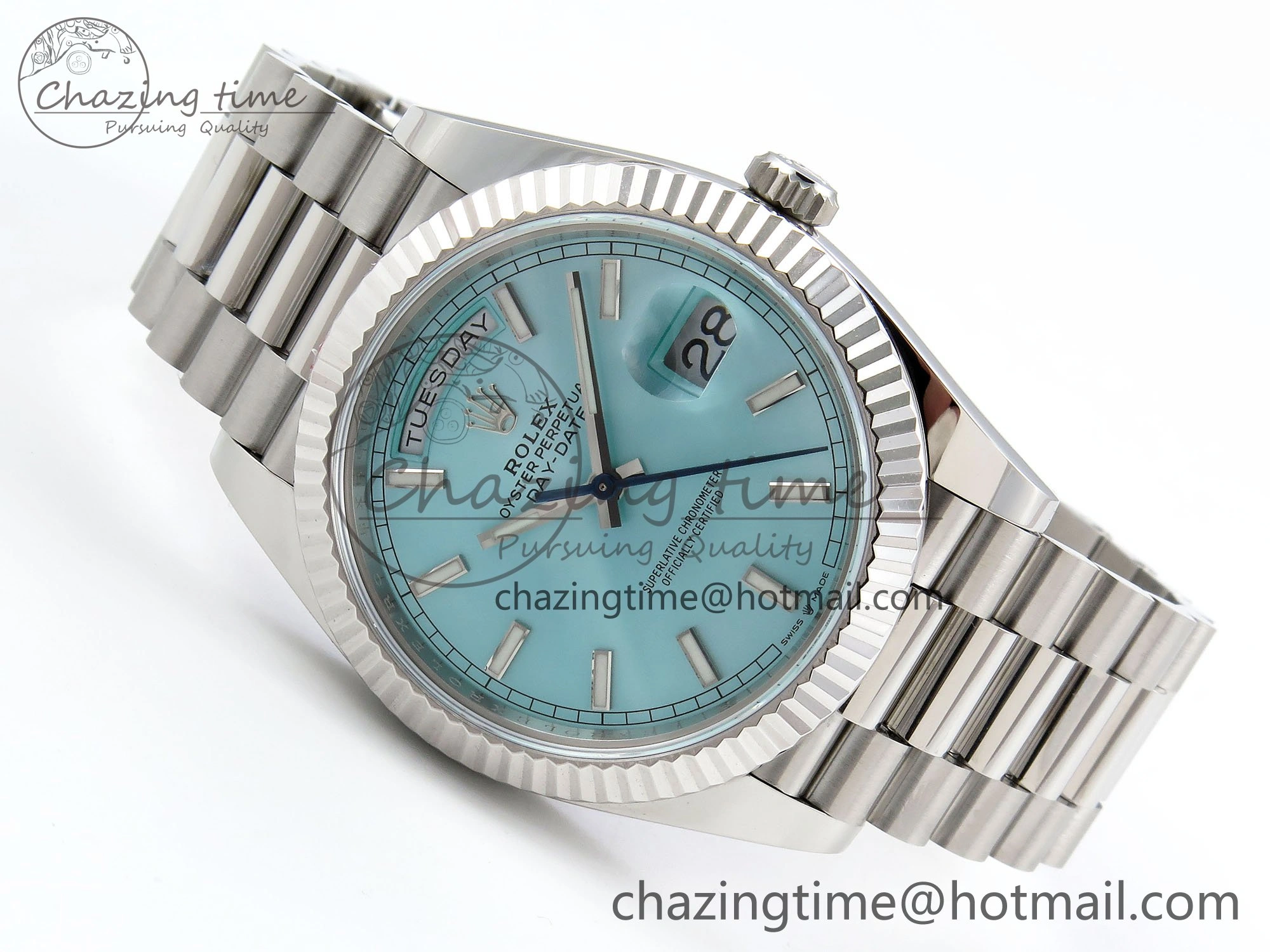 DayDate 40 228236 ARF 904L Steel Tiffany Blue Stick Dial on President Bracelet VR3255