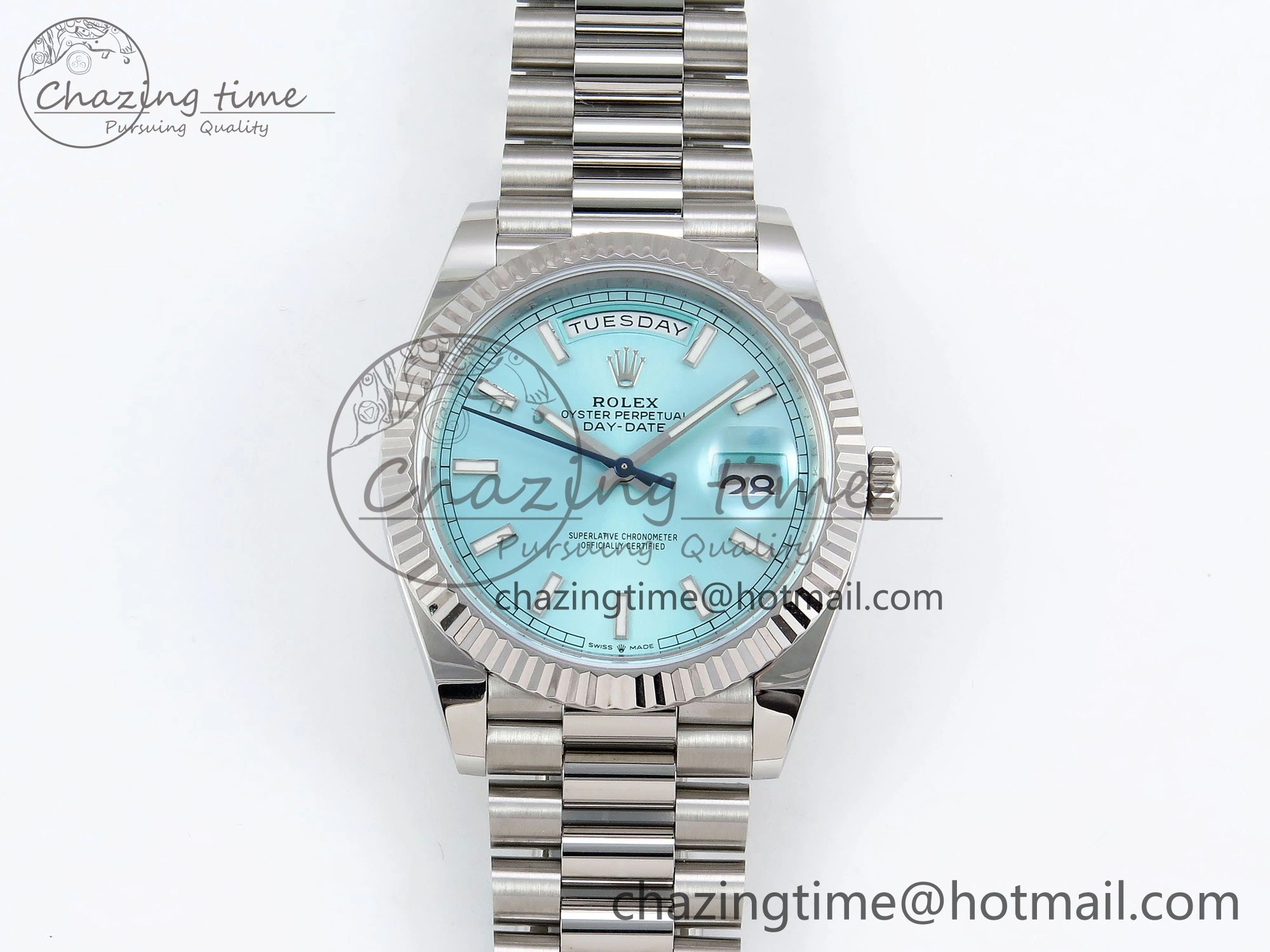 DayDate 40 228236 ARF 904L Steel Tiffany Blue Stick Dial on President Bracelet VR3255