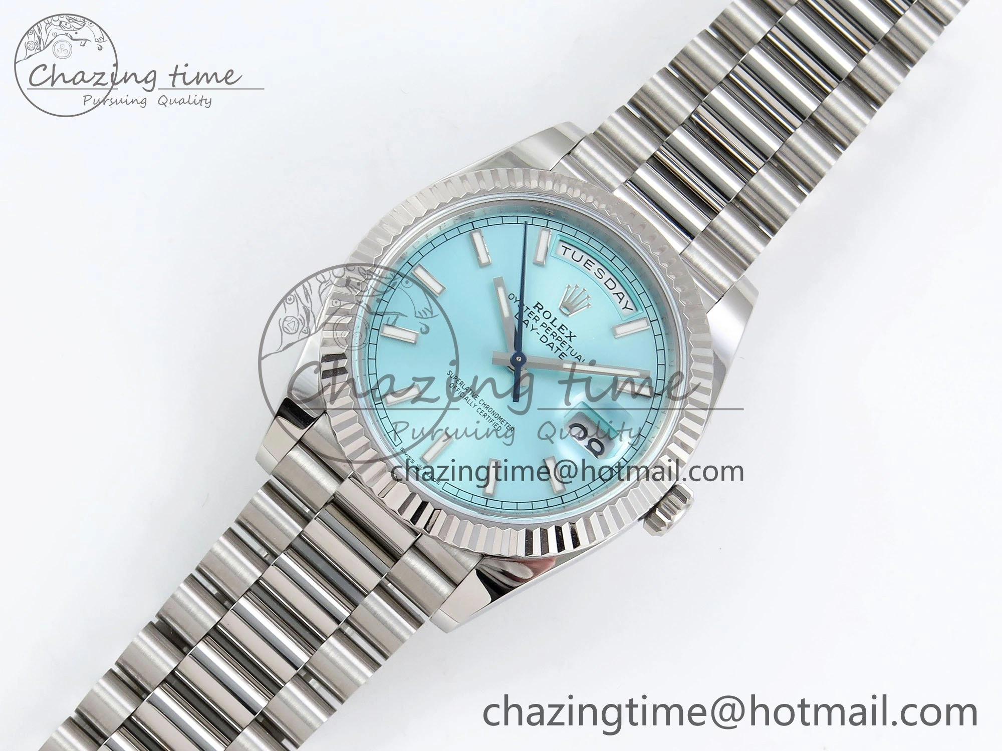 DayDate 40 228236 ARF 904L Steel Tiffany Blue Stick Dial on President Bracelet VR3255