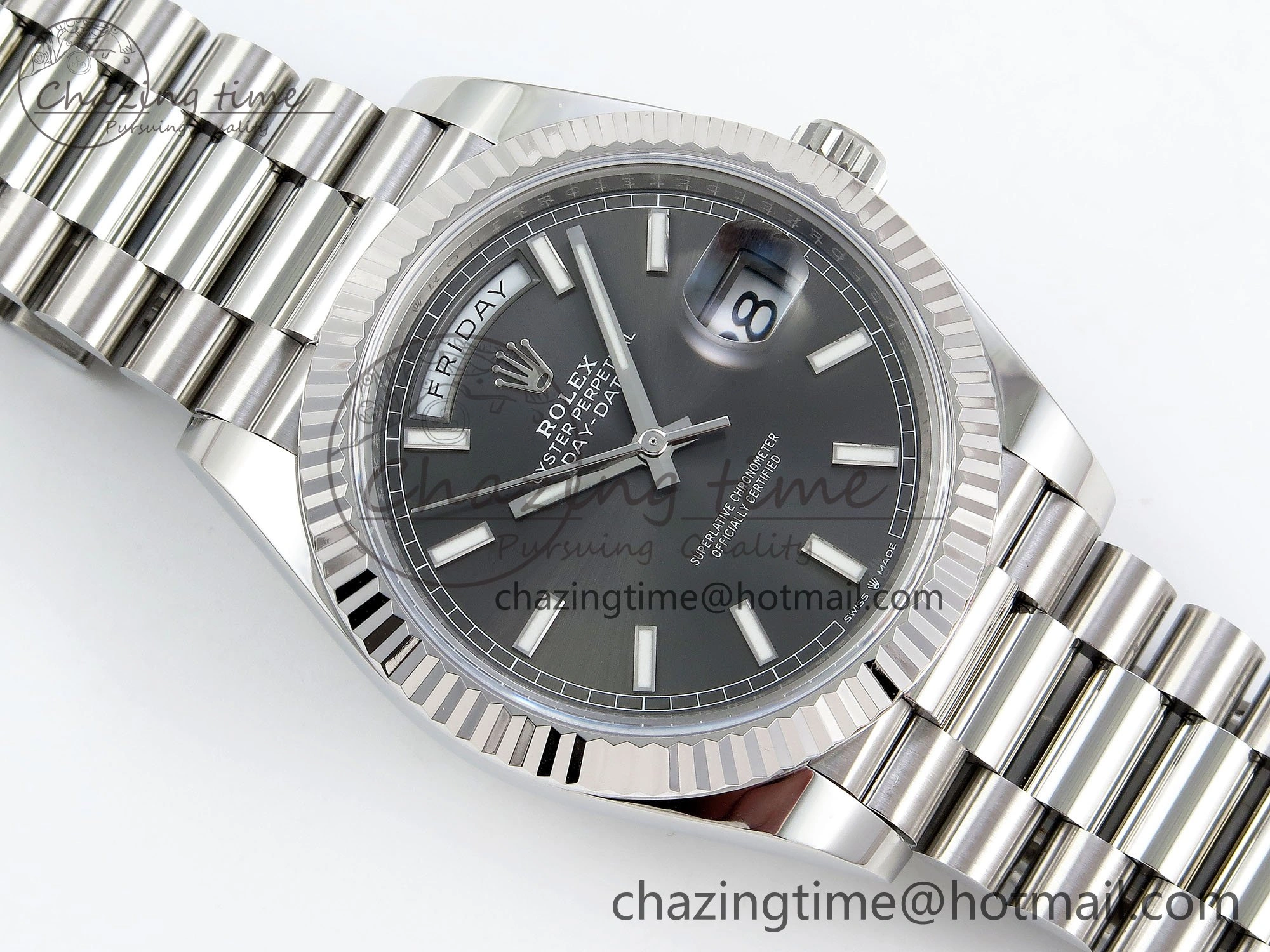 DayDate 40 228239 ARF 904L Steel Grey Stick Dial on President Bracelet VR3255