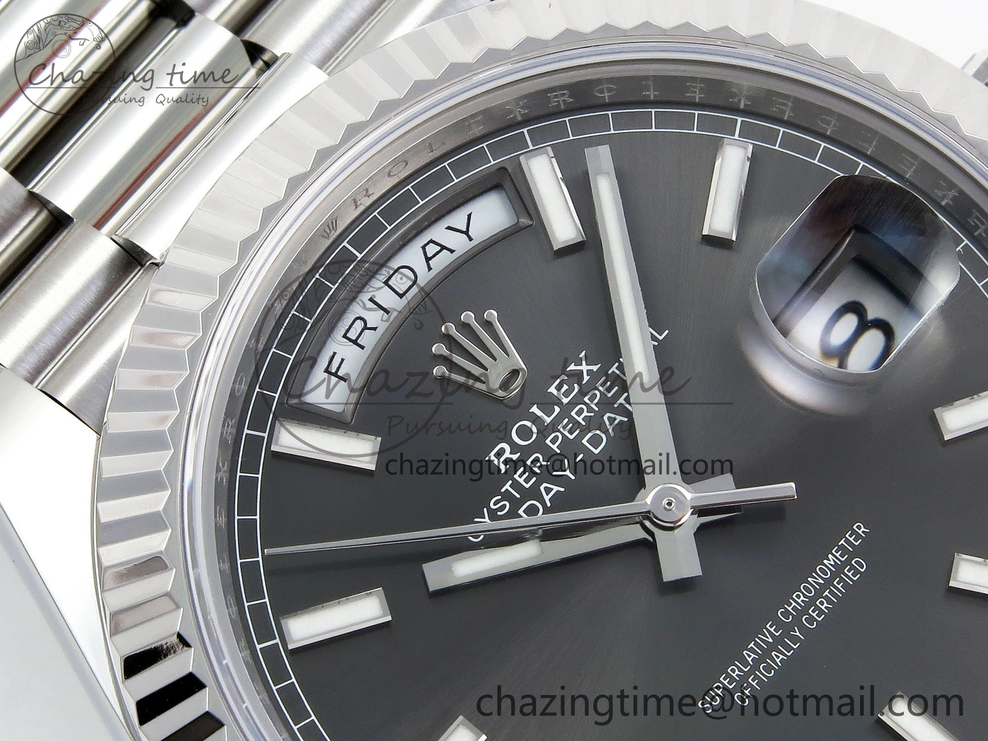 DayDate 40 228239 ARF 904L Steel Grey Stick Dial on President Bracelet VR3255