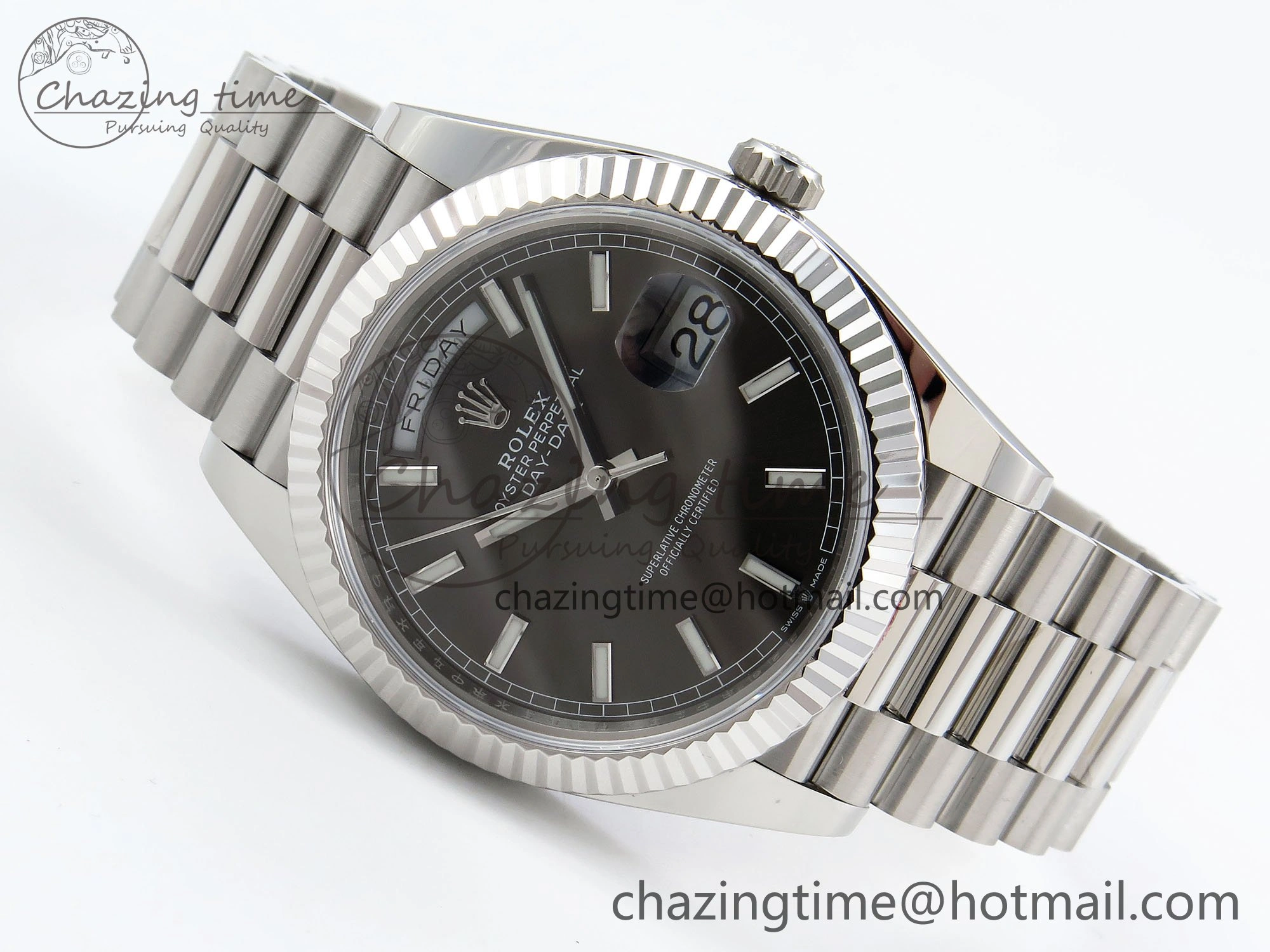 DayDate 40 228239 ARF 904L Steel Grey Stick Dial on President Bracelet VR3255