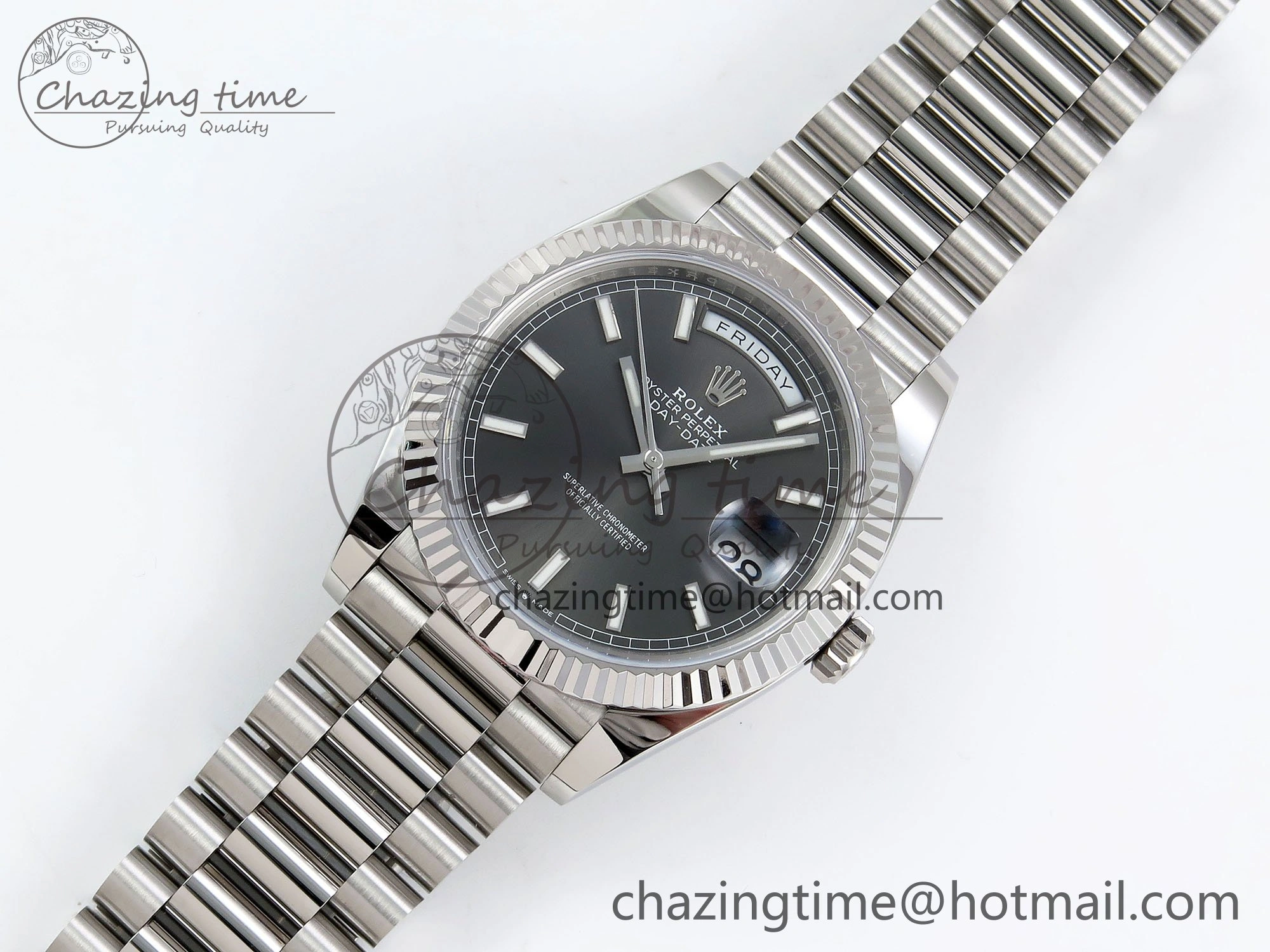DayDate 40 228239 ARF 904L Steel Grey Stick Dial on President Bracelet VR3255