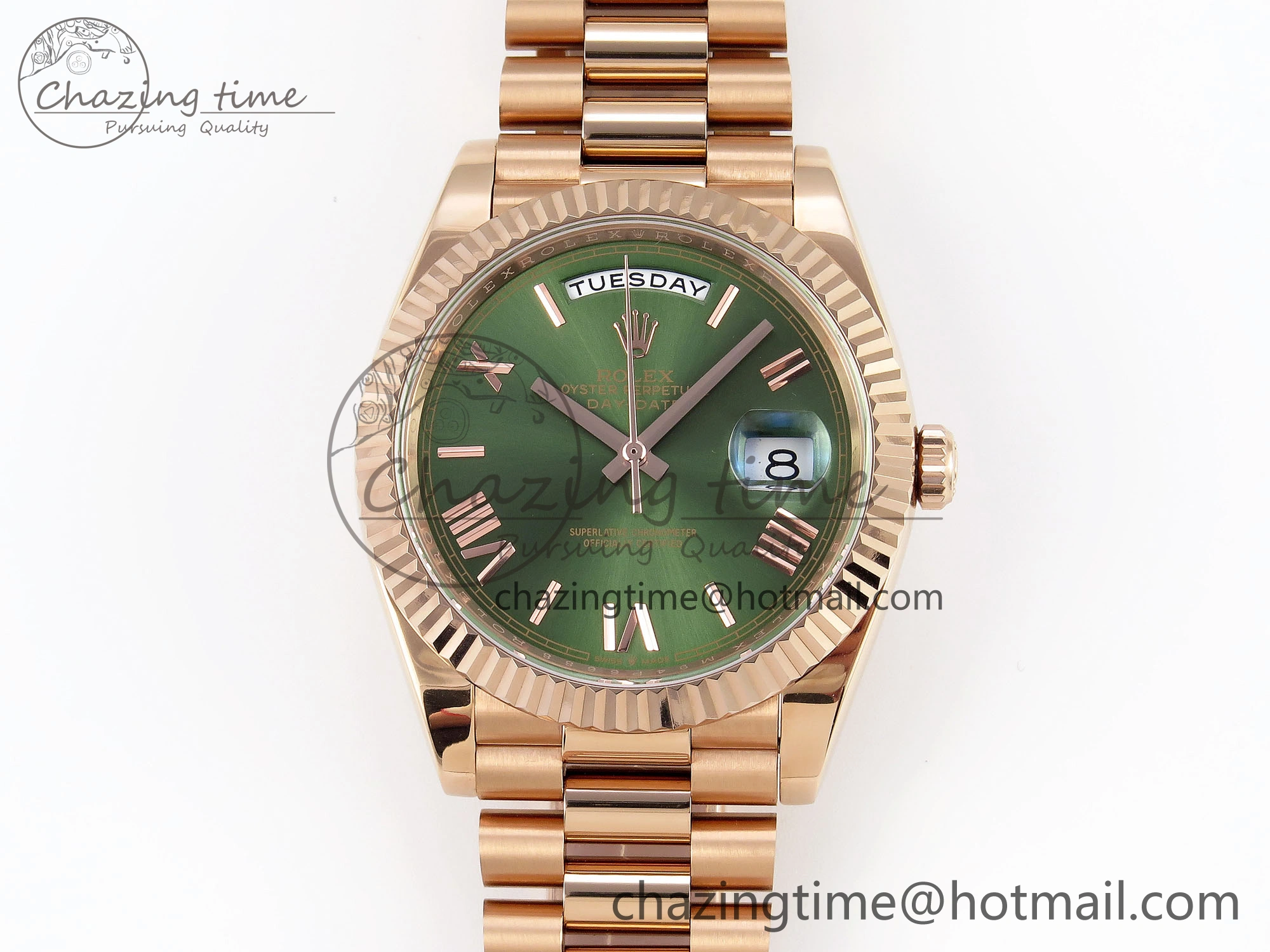 DayDate 40 RG GSF Gain Weight Green Roman Dial on President Bracelet A2836