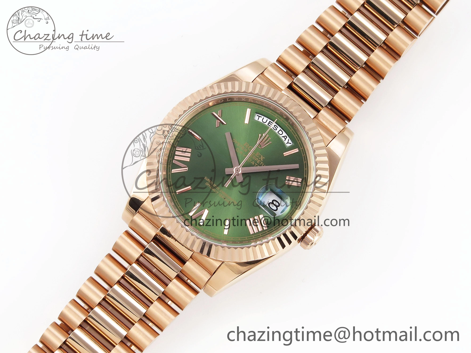 DayDate 40 RG GSF Gain Weight Green Roman Dial on President Bracelet A2836