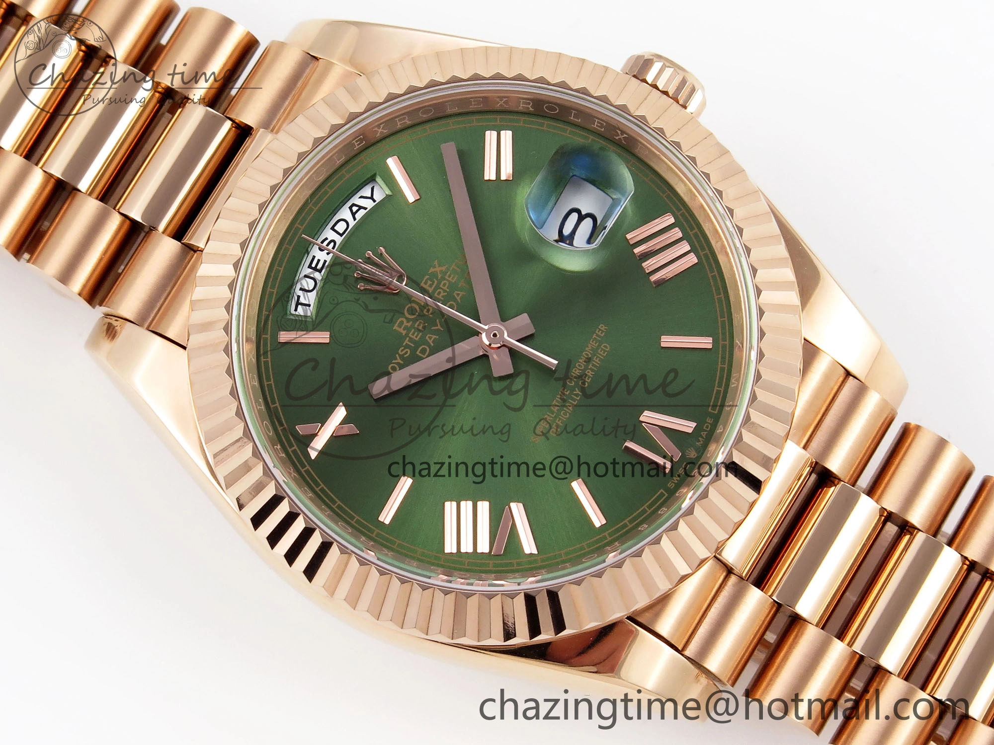 DayDate 40 RG GSF Gain Weight Green Roman Dial on President Bracelet A2836