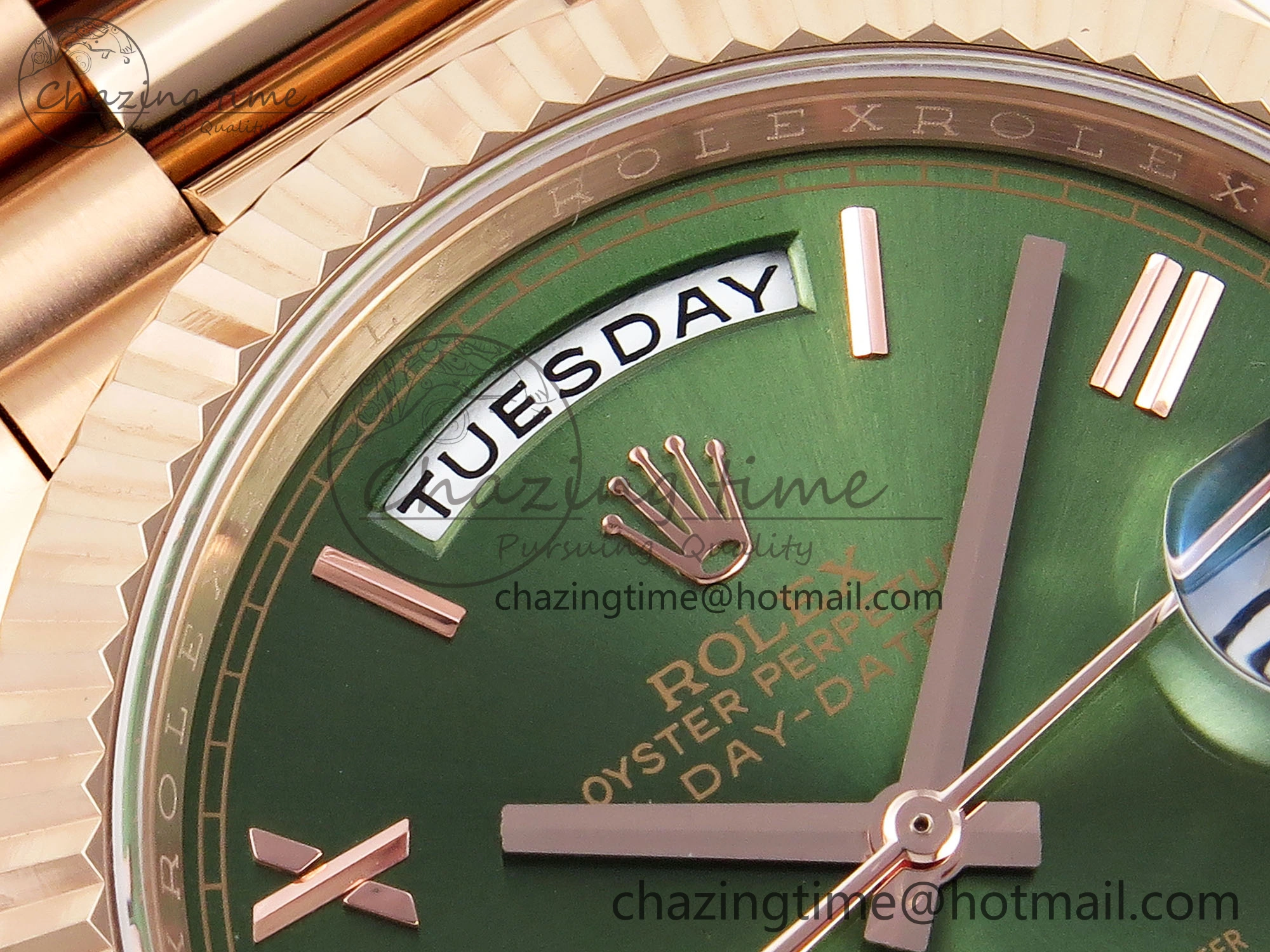 DayDate 40 RG GSF Gain Weight Green Roman Dial on President Bracelet A2836