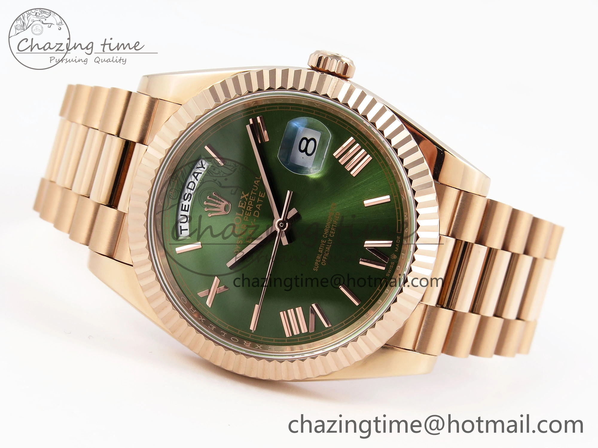 DayDate 40 RG GSF Gain Weight Green Roman Dial on President Bracelet A2836
