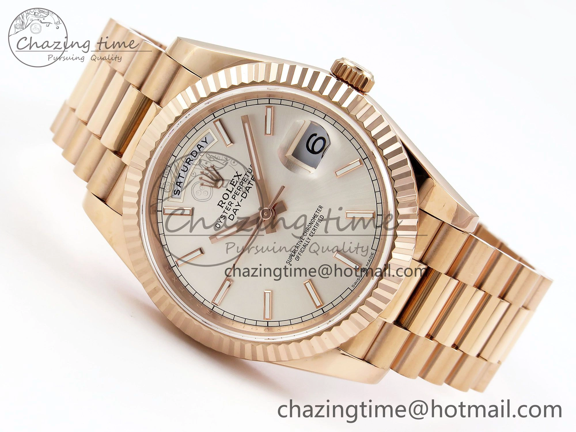 DayDate 40 RG JDF 904L Steel Silver Stick Dial on President Bracelet VR3255 V3 (Gain Weight)