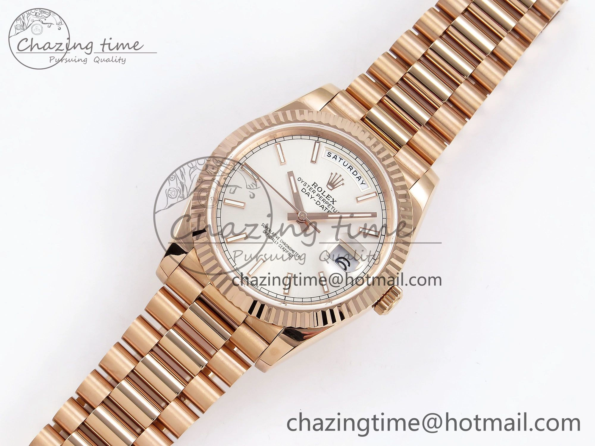 DayDate 40 RG JDF 904L Steel Silver Stick Dial on President Bracelet VR3255 V3 (Gain Weight)