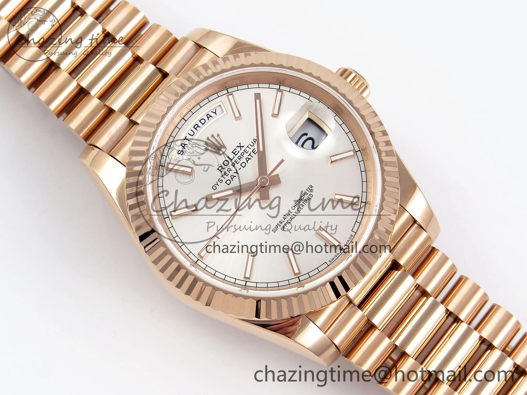 DayDate 40 RG JDF 904L Steel Silver Stick Dial on President Bracelet VR3255 V3 (Gain Weight)