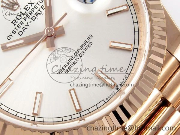 DayDate 40 RG JDF 904L Steel Silver Stick Dial on President Bracelet VR3255 V3 (Gain Weight)