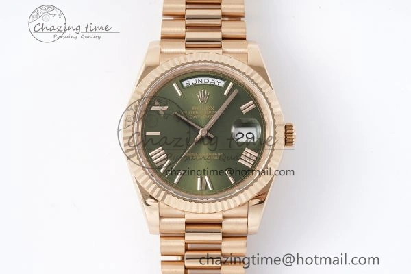 DayDate 40 RG JDF Gain Weight 904L Steel Green Dial Roman Markers on President Bracelet A2836 V2