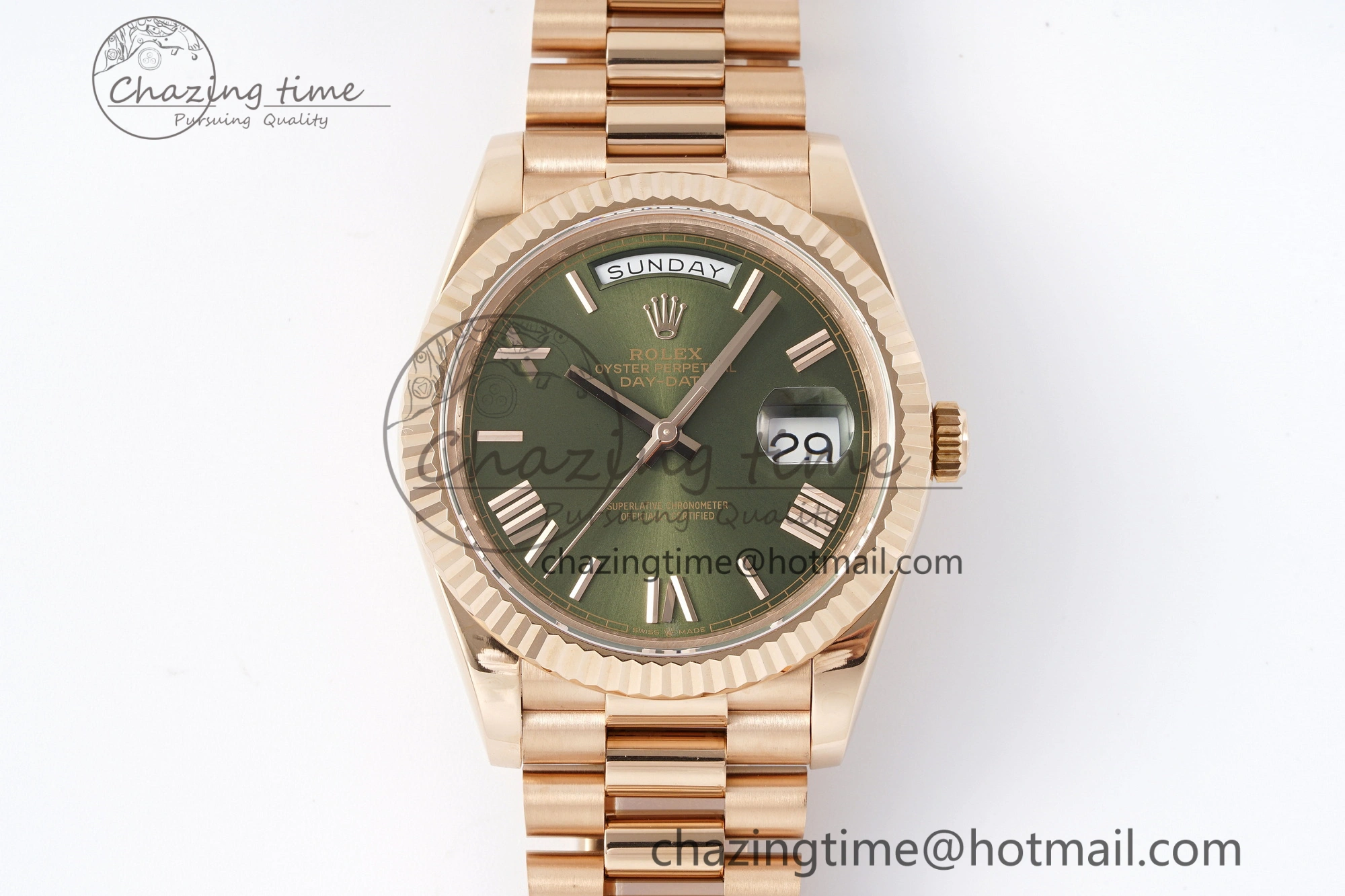 DayDate 40 RG JDF Gain Weight 904L Steel Green Dial Roman Markers on President Bracelet A2836 V2