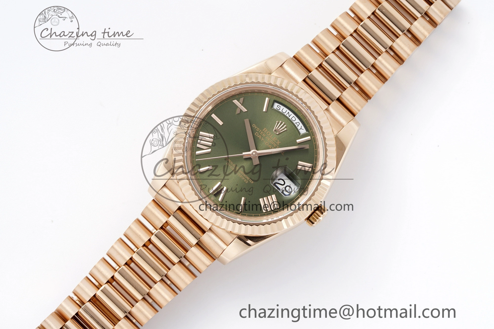 DayDate 40 RG JDF Gain Weight 904L Steel Green Dial Roman Markers on President Bracelet A2836 V2