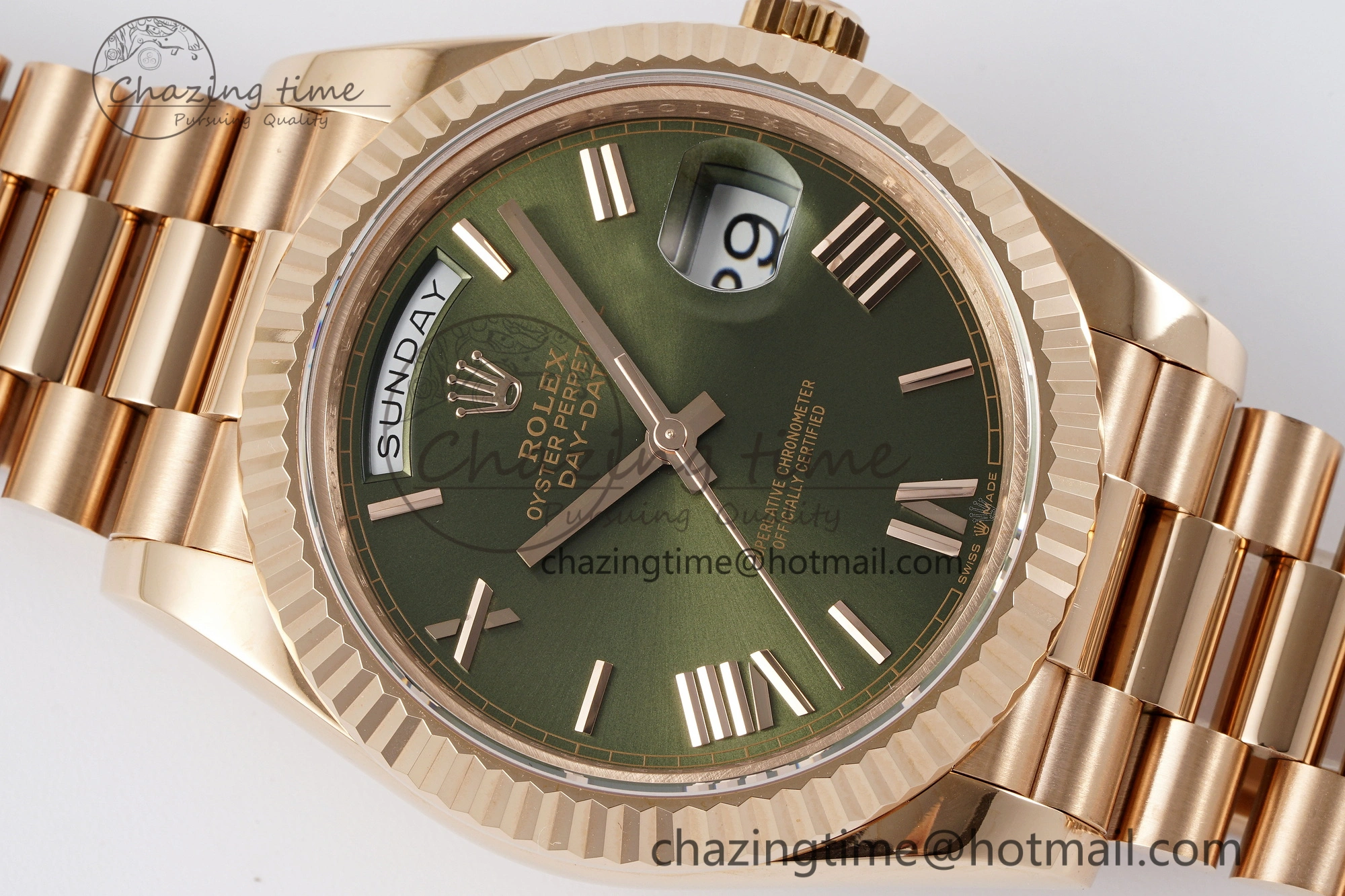 DayDate 40 RG JDF Gain Weight 904L Steel Green Dial Roman Markers on President Bracelet A2836 V2