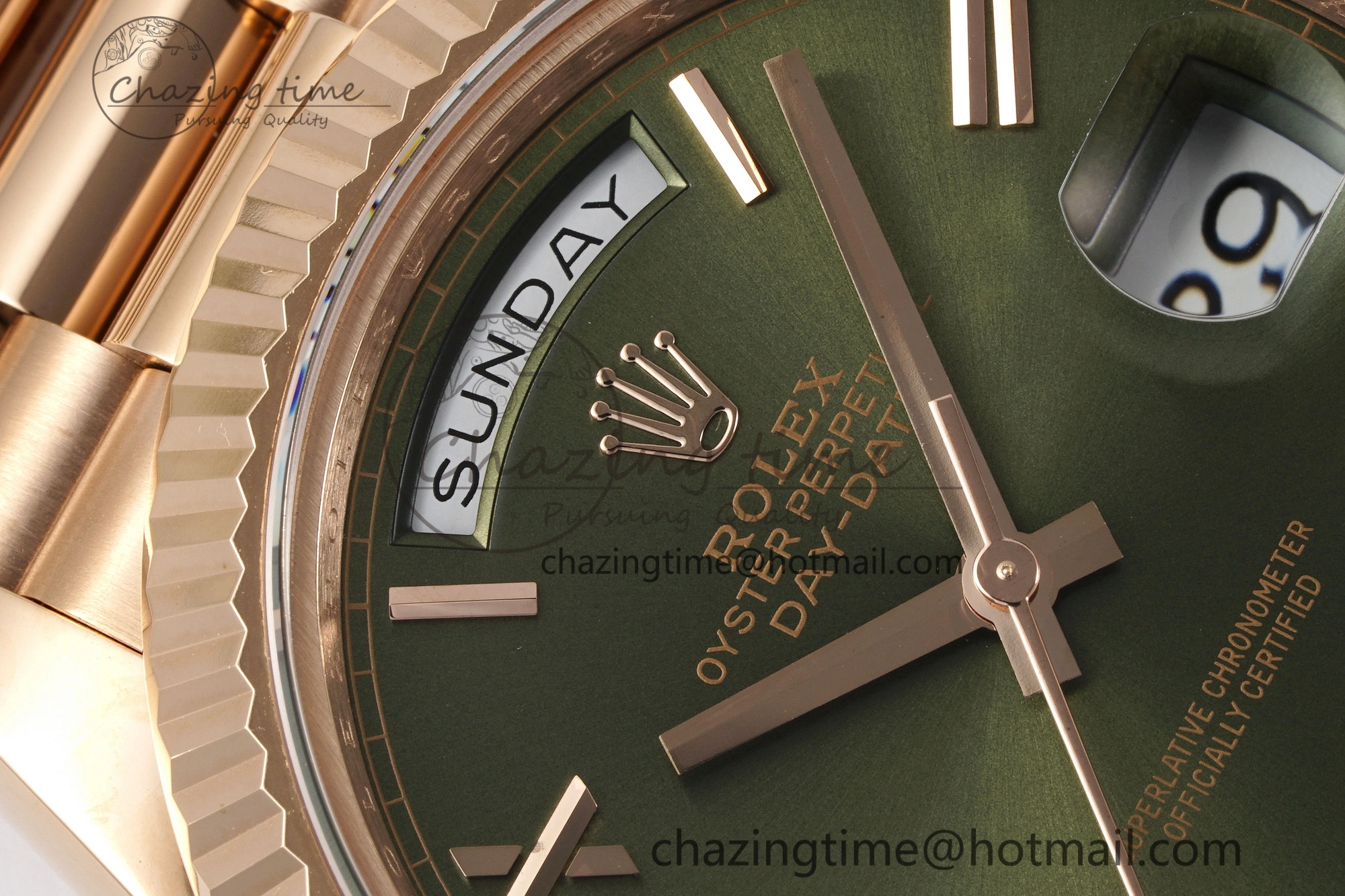 DayDate 40 RG JDF Gain Weight 904L Steel Green Dial Roman Markers on President Bracelet A2836 V2