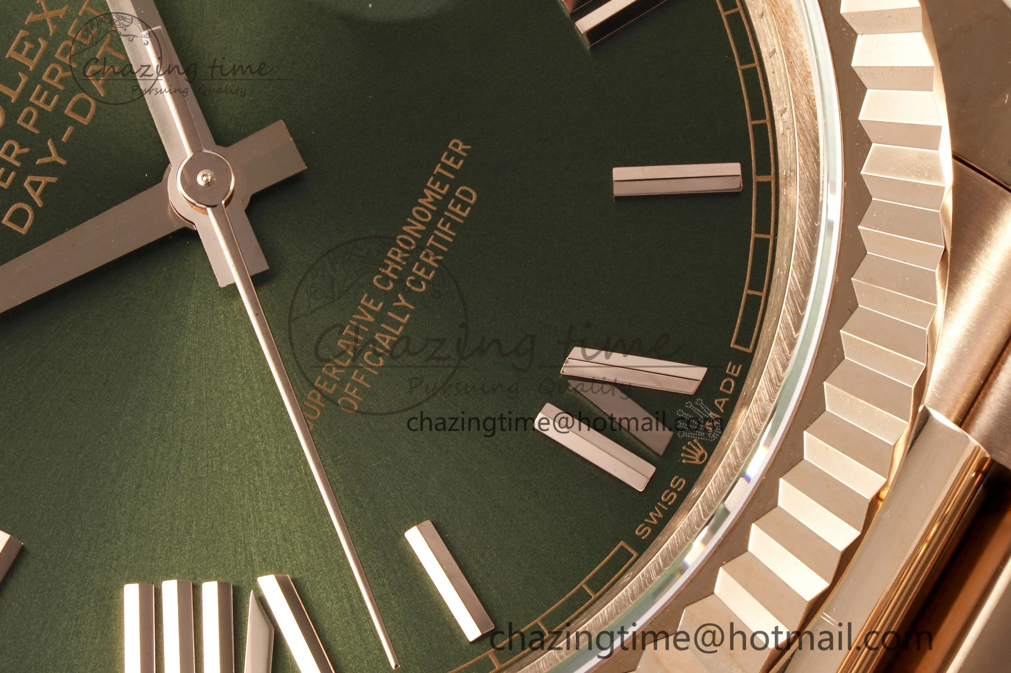 DayDate 40 RG JDF Gain Weight 904L Steel Green Dial Roman Markers on President Bracelet A2836 V2