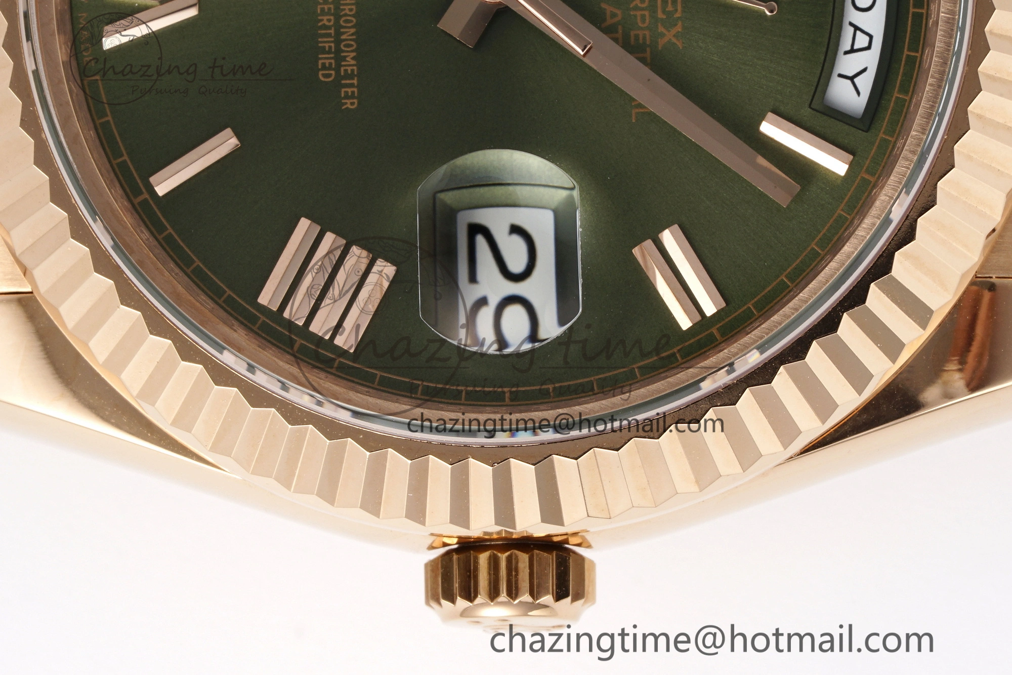 DayDate 40 RG JDF Gain Weight 904L Steel Green Dial Roman Markers on President Bracelet A2836 V2
