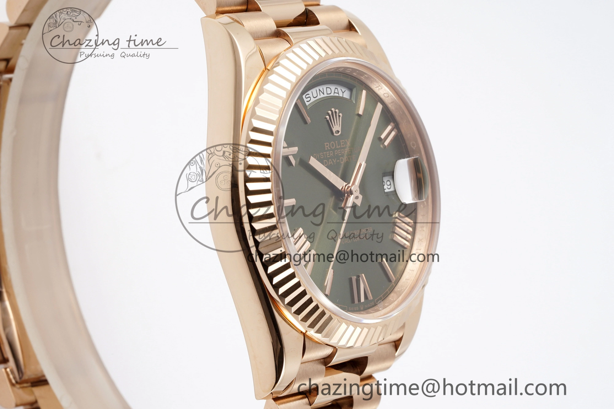 DayDate 40 RG JDF Gain Weight 904L Steel Green Dial Roman Markers on President Bracelet A2836 V2