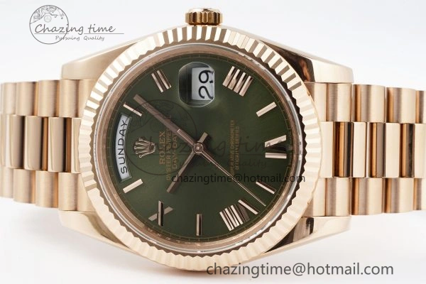 DayDate 40 RG JDF Gain Weight 904L Steel Green Dial Roman Markers on President Bracelet A2836 V2