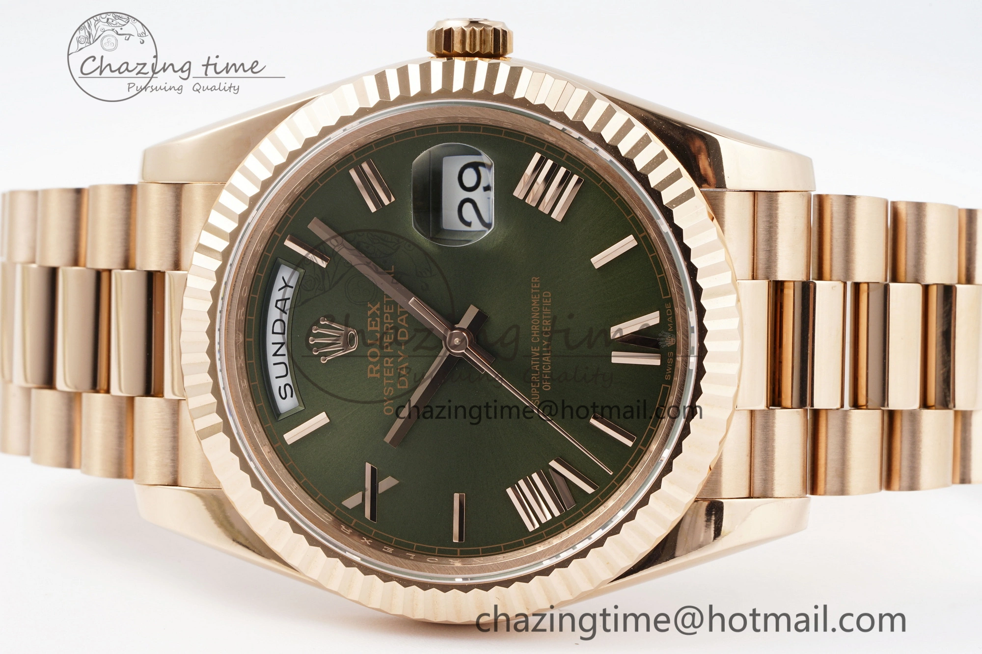 DayDate 40 RG JDF Gain Weight 904L Steel Green Dial Roman Markers on President Bracelet A2836 V2