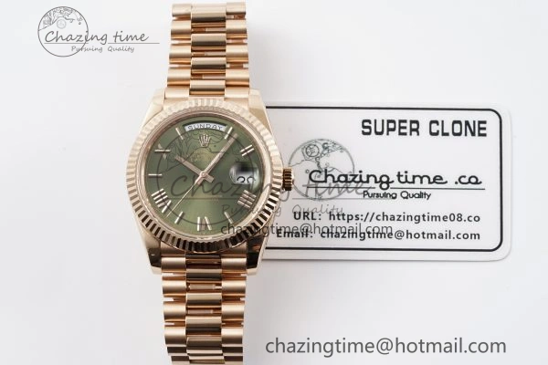 DayDate 40 RG JDF Gain Weight 904L Steel Green Dial Roman Markers on President Bracelet A2836 V2