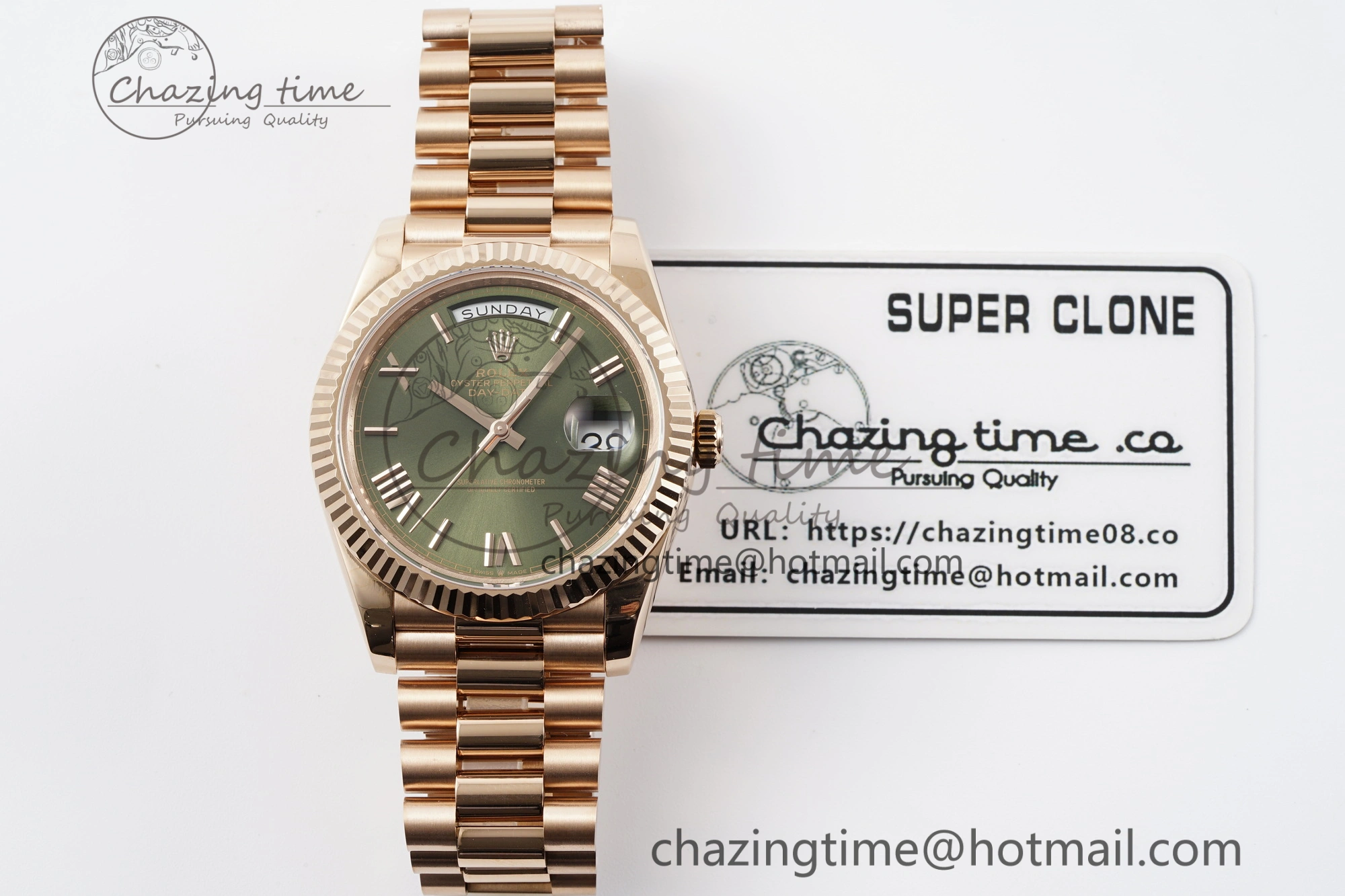 DayDate 40 RG JDF Gain Weight 904L Steel Green Dial Roman Markers on President Bracelet A2836 V2