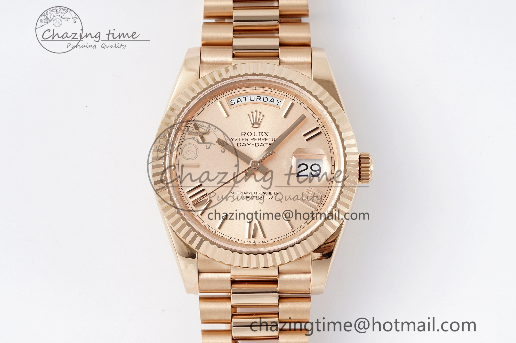 DayDate 40 RG JDF Gain Weight 904L Steel RG Dial Roman Markers on President Bracelet A2836 V2
