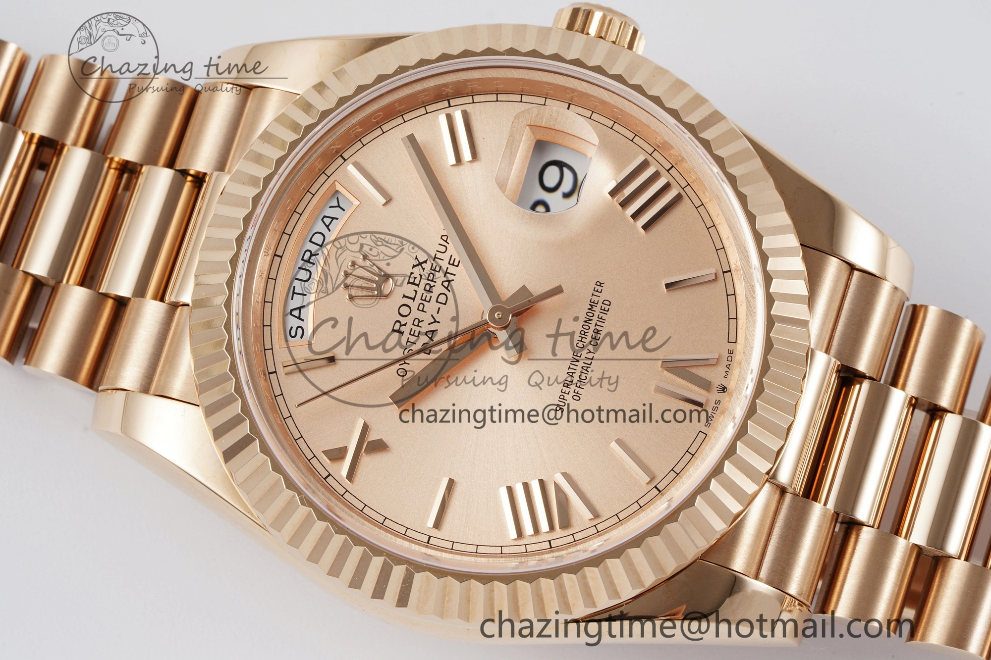 DayDate 40 RG JDF Gain Weight 904L Steel RG Dial Roman Markers on President Bracelet A2836 V2