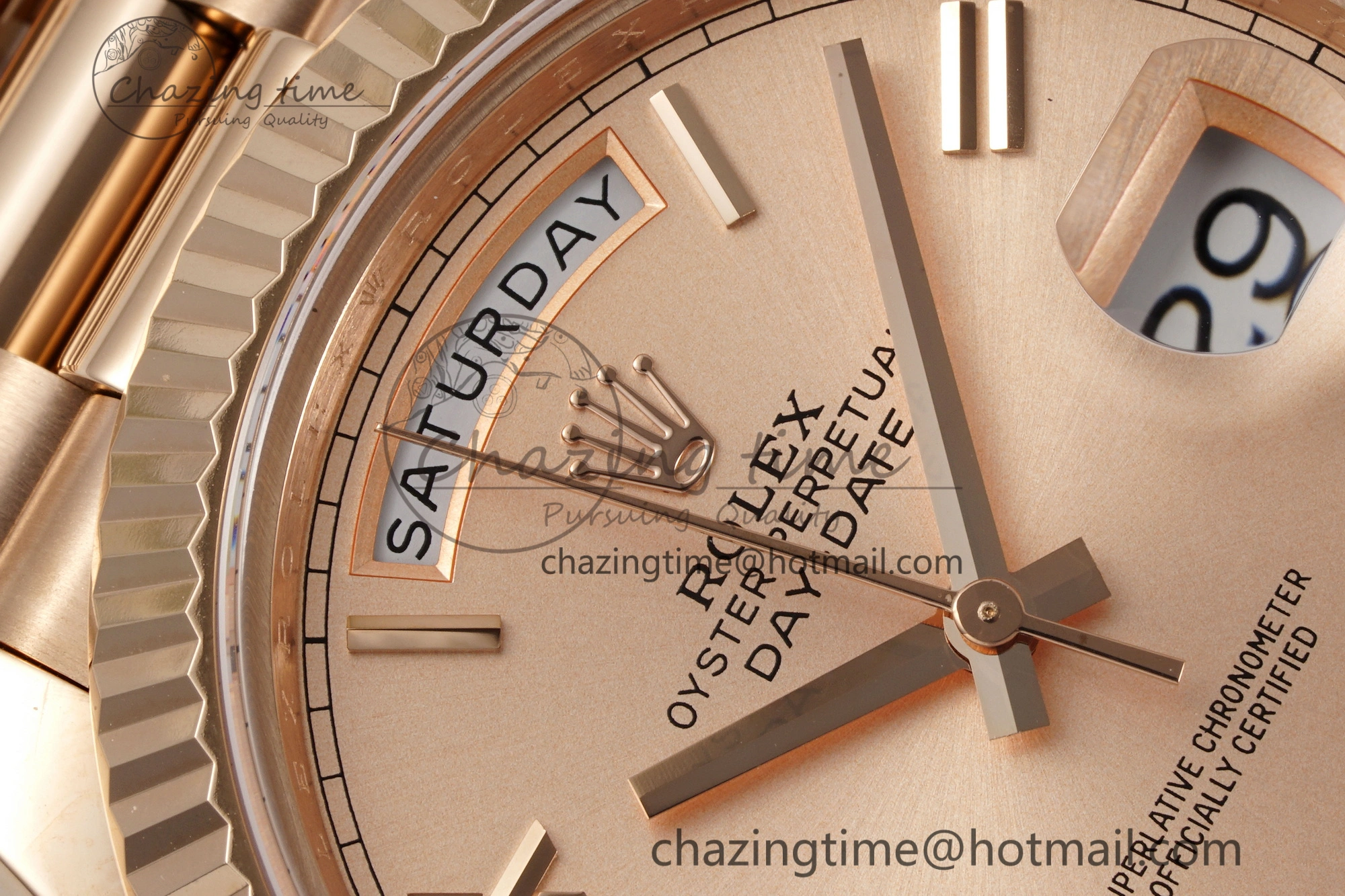 DayDate 40 RG JDF Gain Weight 904L Steel RG Dial Roman Markers on President Bracelet A2836 V2