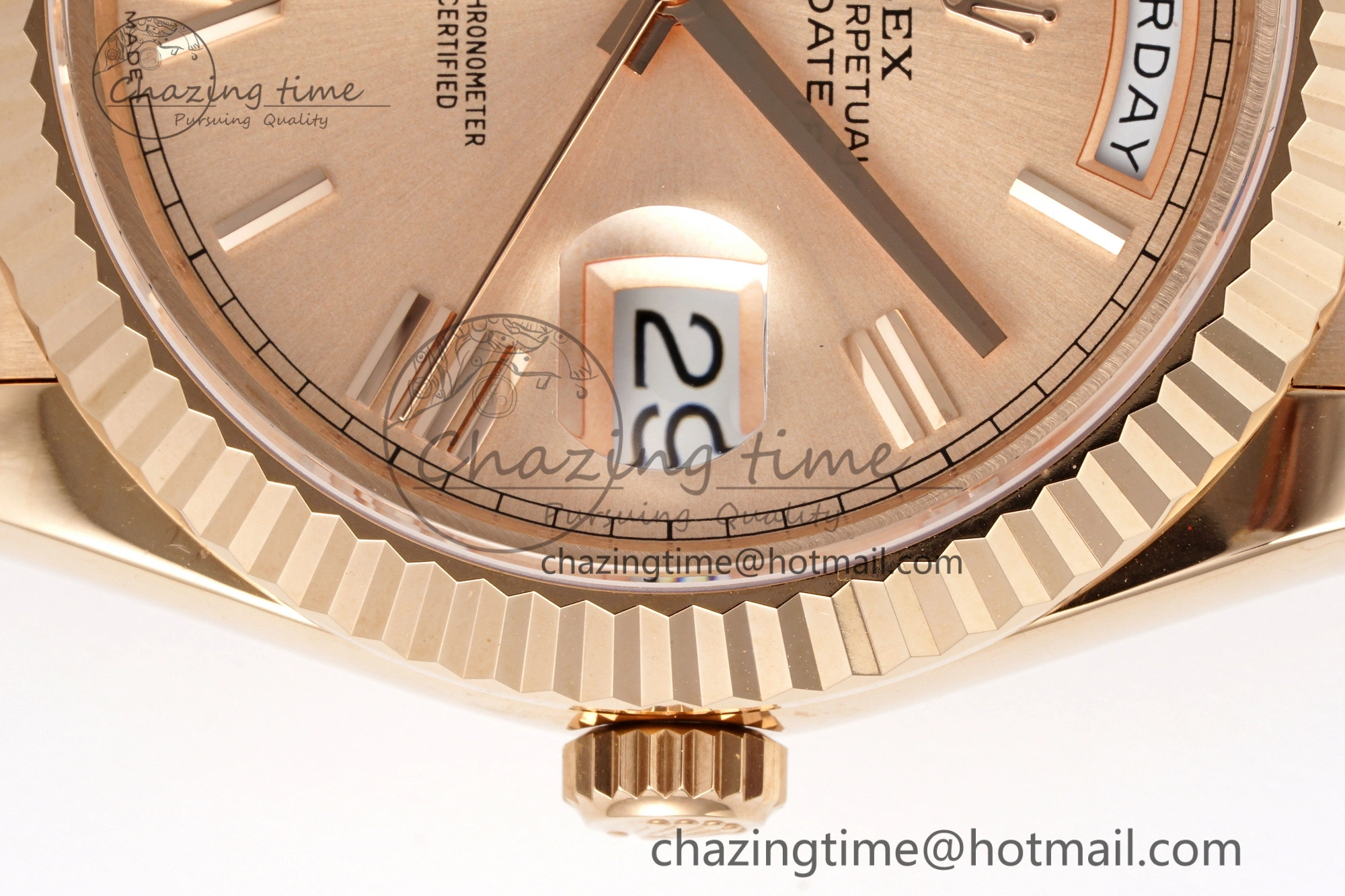 DayDate 40 RG JDF Gain Weight 904L Steel RG Dial Roman Markers on President Bracelet A2836 V2