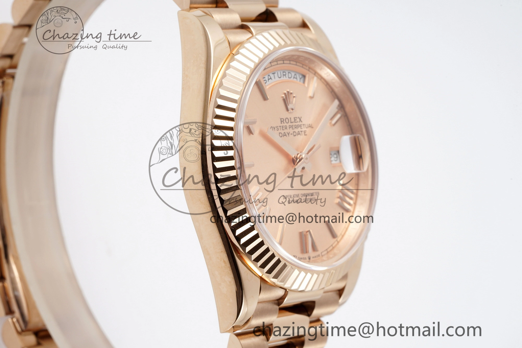 DayDate 40 RG JDF Gain Weight 904L Steel RG Dial Roman Markers on President Bracelet A2836 V2