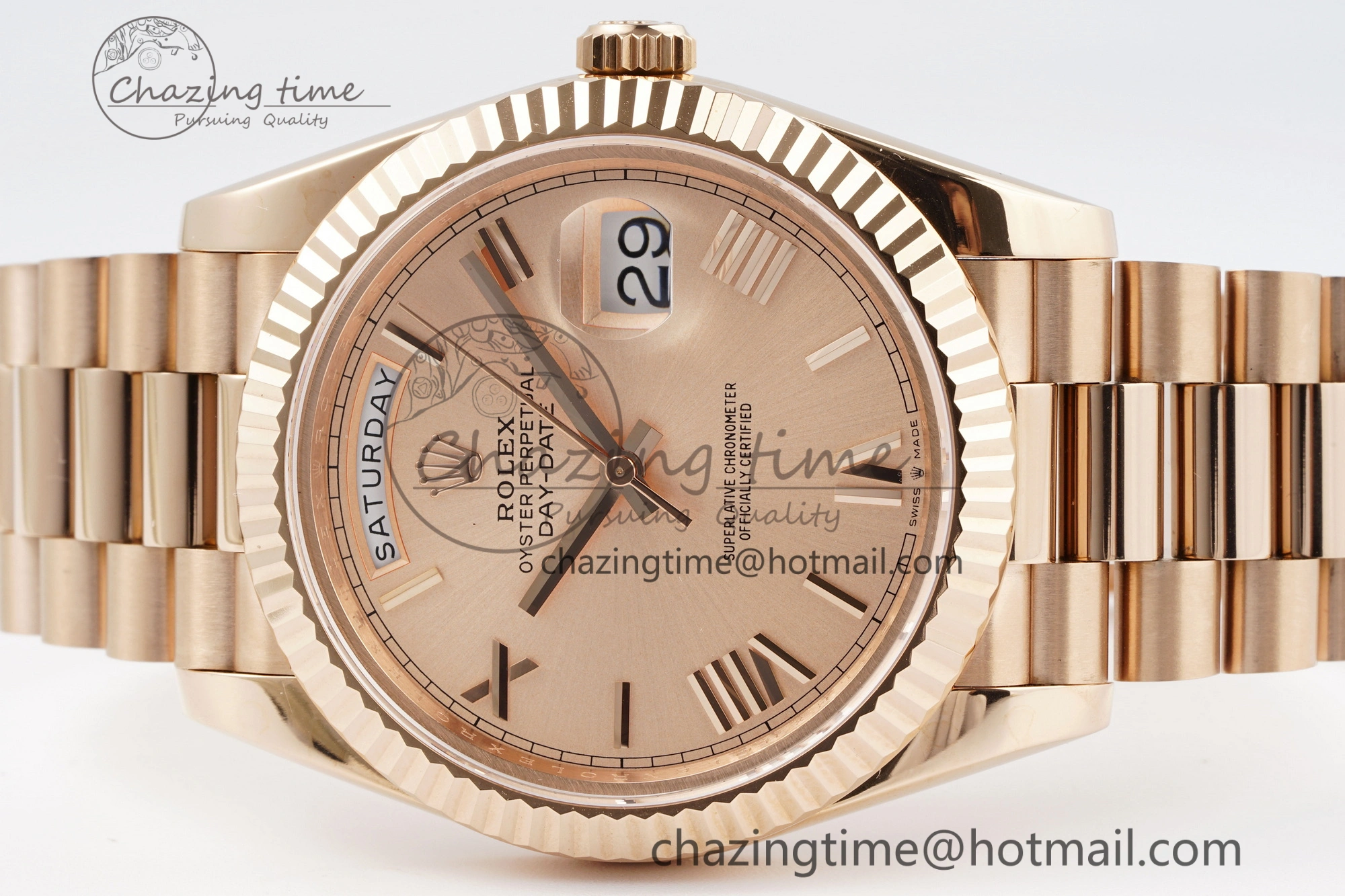 DayDate 40 RG JDF Gain Weight 904L Steel RG Dial Roman Markers on President Bracelet A2836 V2