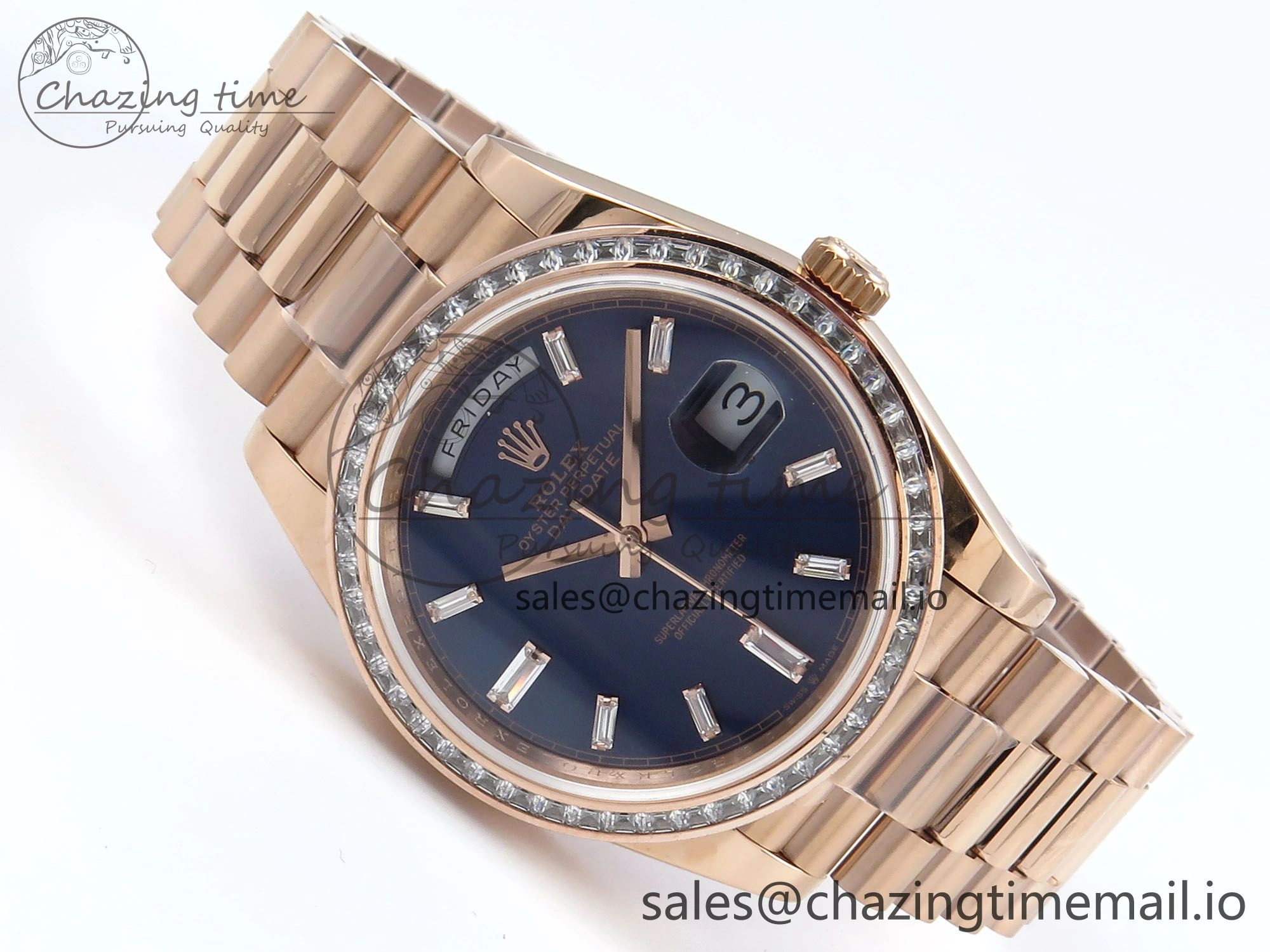 DayDate 40 RG QF 1:1 Best Edition Blue Crystal Dial Diamonds Bezel on President Bracelet A2836 V5 (Gain Weight)
