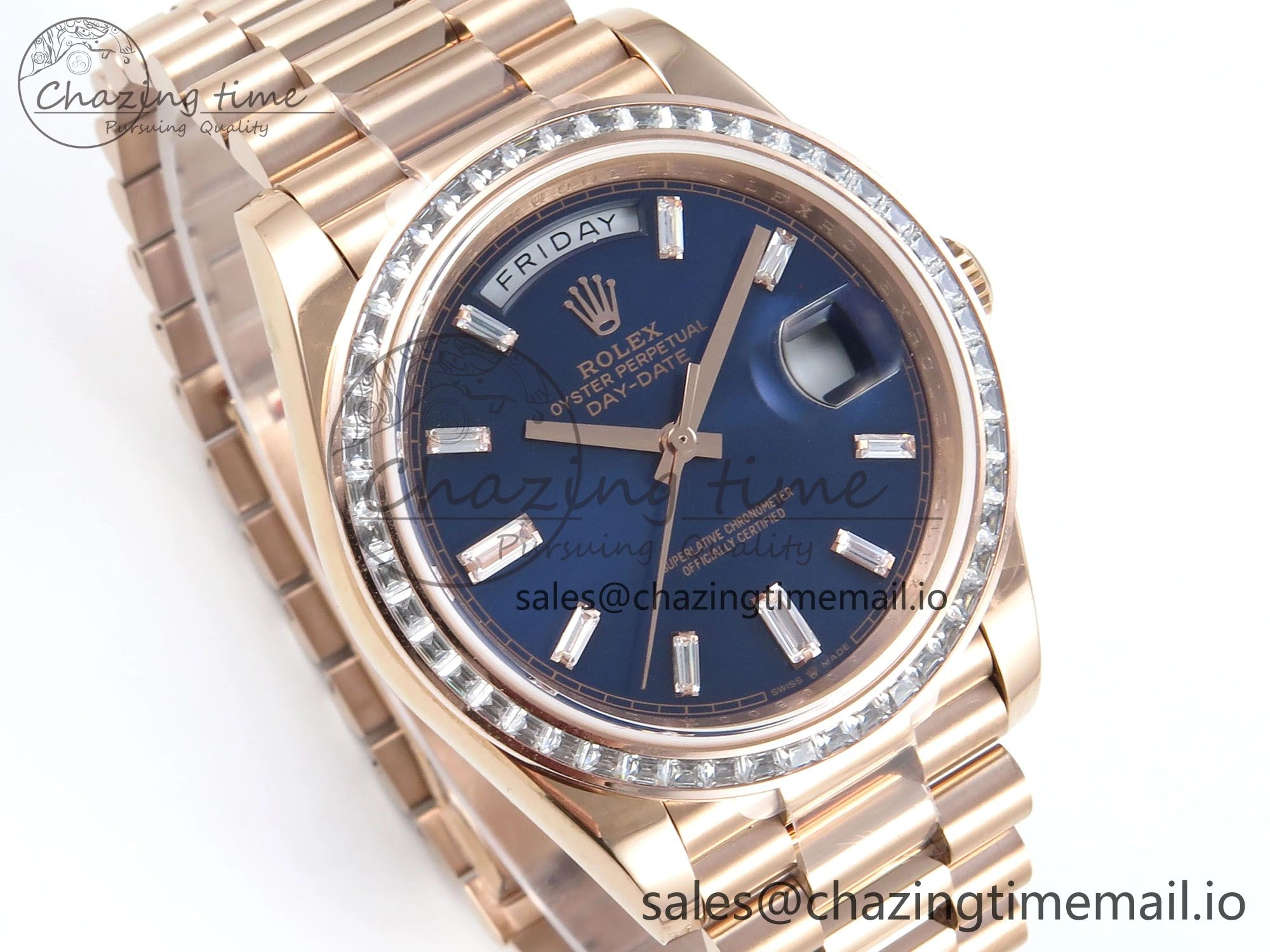 DayDate 40 RG QF 1:1 Best Edition Blue Crystal Dial Diamonds Bezel on President Bracelet A2836 V5 (Gain Weight)