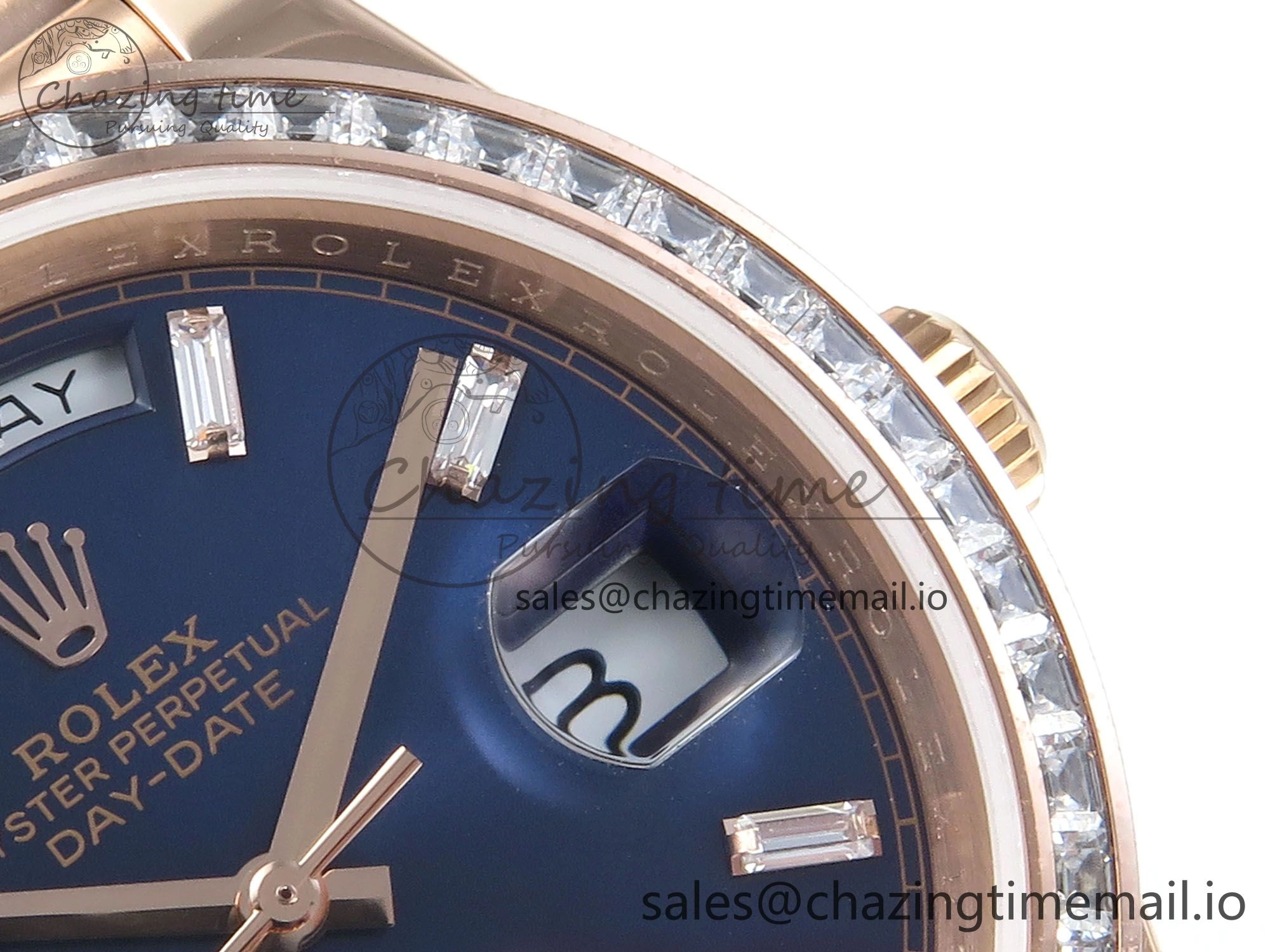 DayDate 40 RG QF 1:1 Best Edition Blue Crystal Dial Diamonds Bezel on President Bracelet A2836 V5 (Gain Weight)