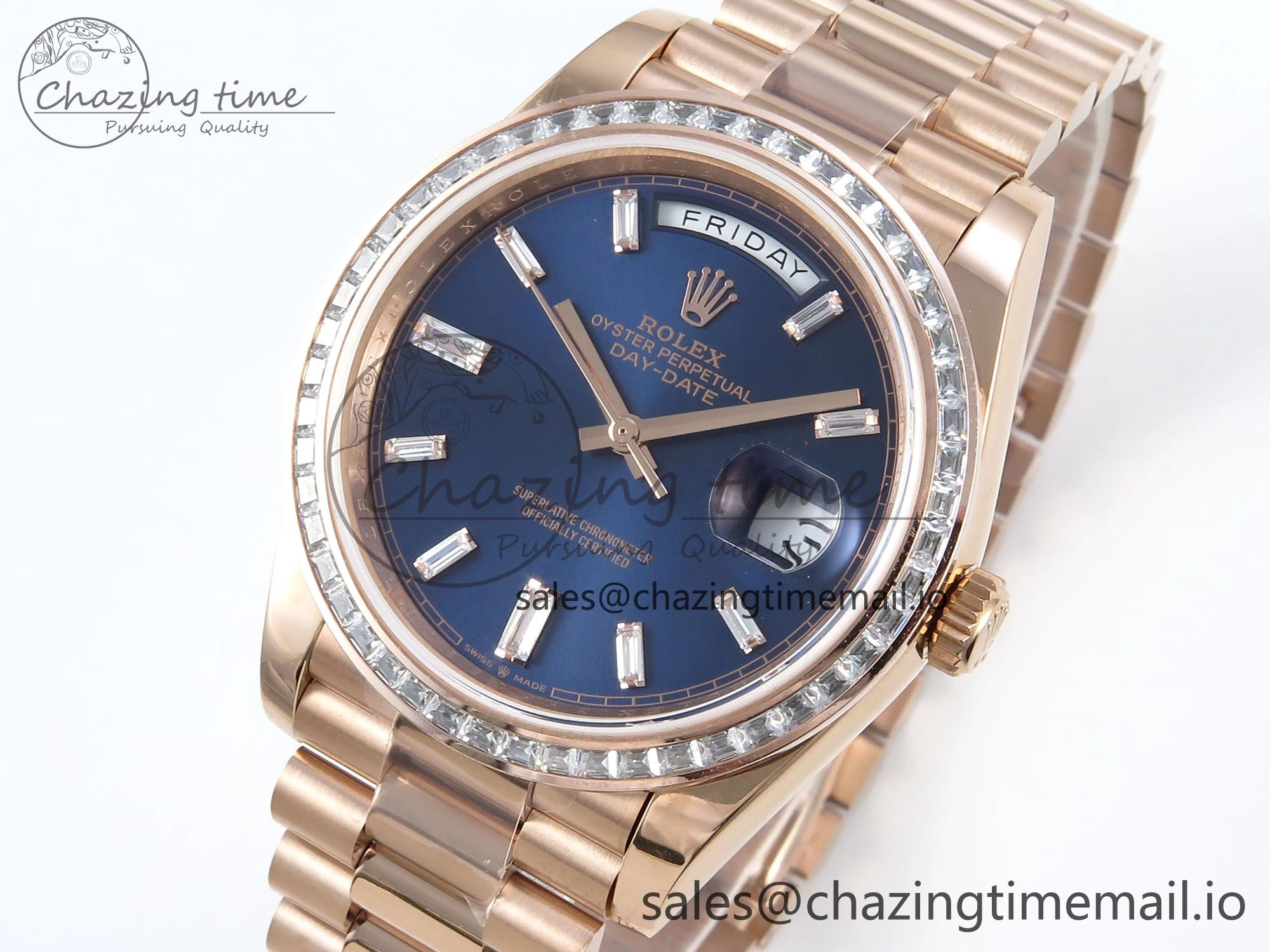 DayDate 40 RG QF 1:1 Best Edition Blue Crystal Dial Diamonds Bezel on President Bracelet A2836 V5 (Gain Weight)