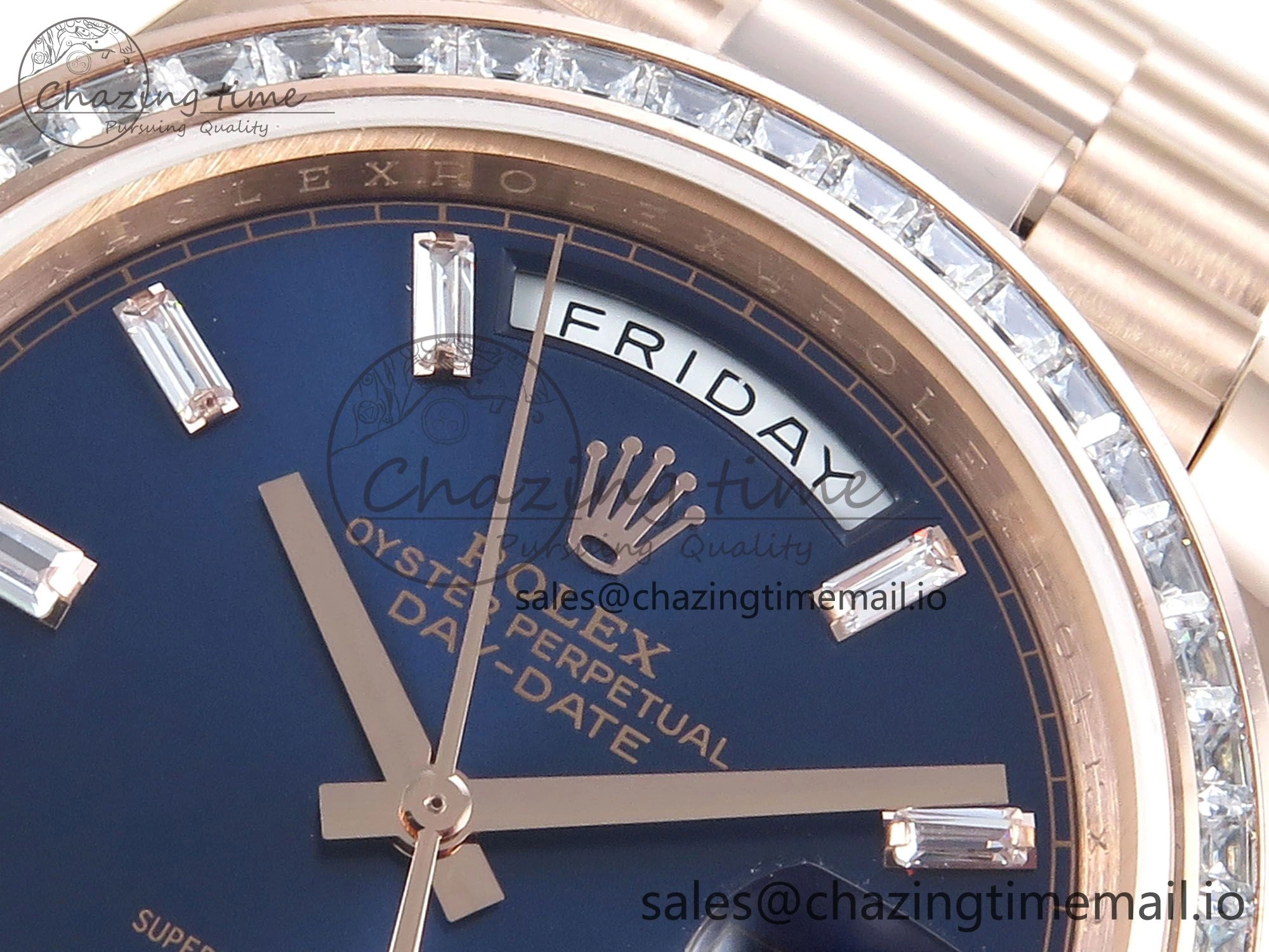 DayDate 40 RG QF 1:1 Best Edition Blue Crystal Dial Diamonds Bezel on President Bracelet A2836 V5 (Gain Weight)