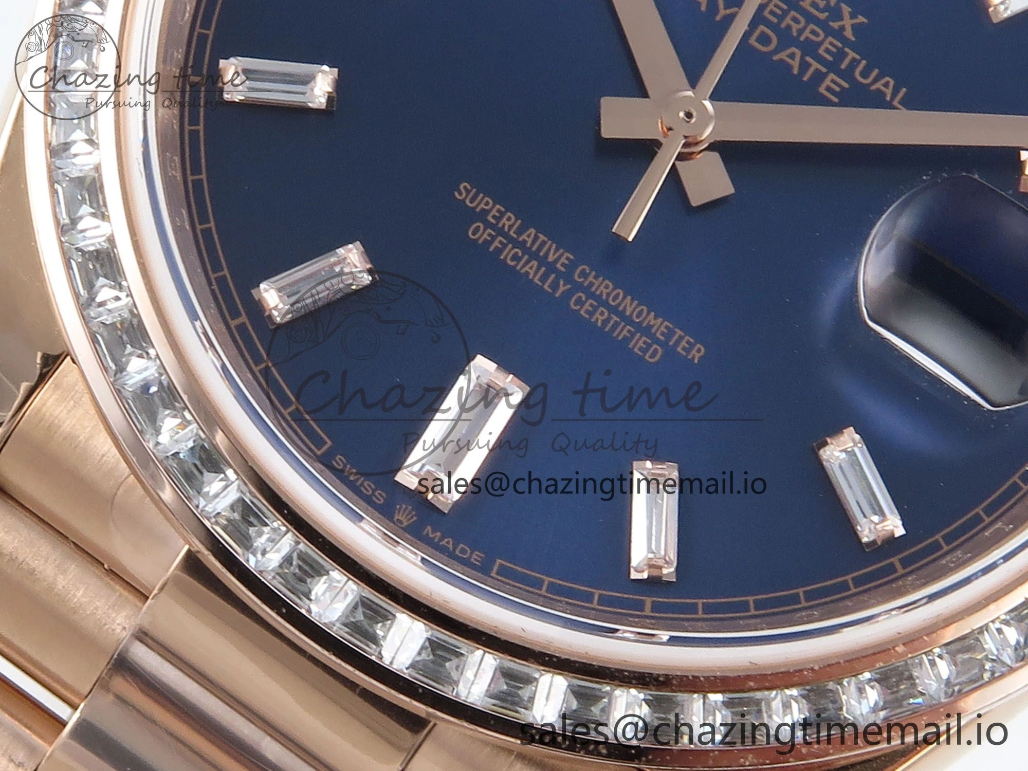 DayDate 40 RG QF 1:1 Best Edition Blue Crystal Dial Diamonds Bezel on President Bracelet A2836 V5 (Gain Weight)